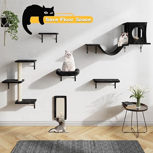 Miniatura 10 de Muebles para gatos montados en la pared, 6 muebles de pared para gatos, escalador de gatos con casa de gato, puente, árbol, escalones y rascador,