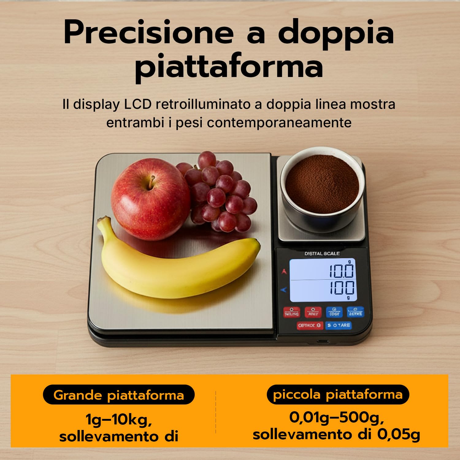 Bilancia da Cucina Digitale con Doppia Piattaforma (10kg/1g e 500g/0.01g), Bilancia per Alimenti Ricaricabile USB/Batterie, 14 Unità, Funzione PCS e Auto-Off per Caffè, Pasticceria e Casa
