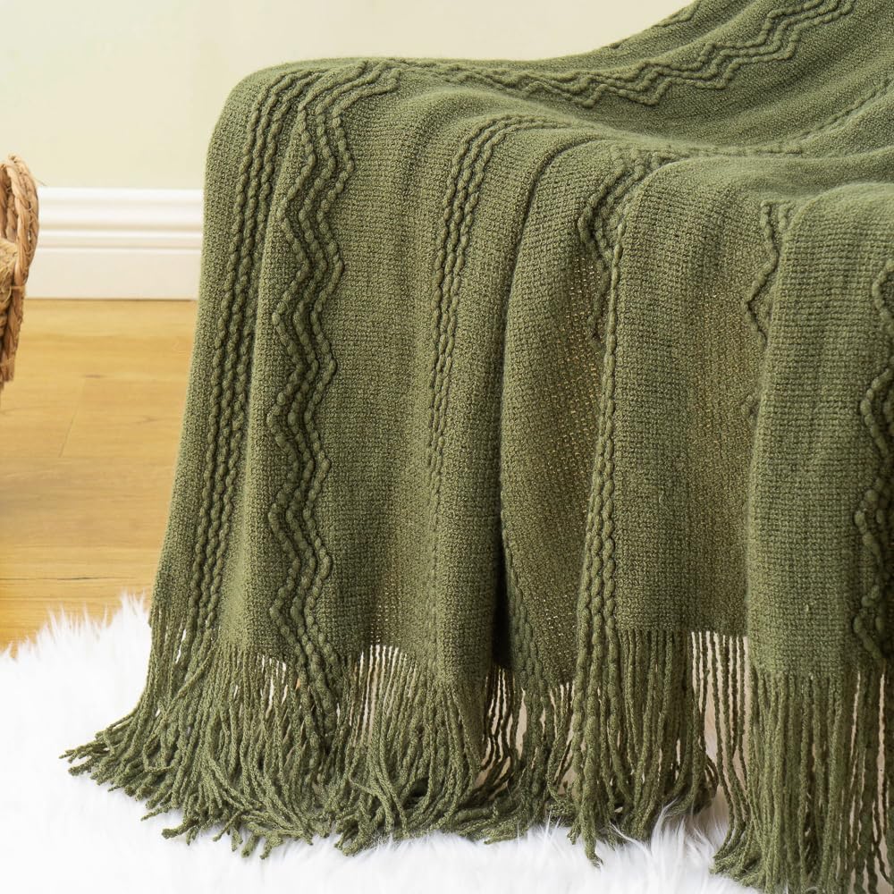 BATTILO HOME Olive Green Throw Blanket for Couch, Soft Army Green Blanket with Tassels for Home Decor, Decorative Knitted Throws for Couch Cover, 50"x60" - Image 5