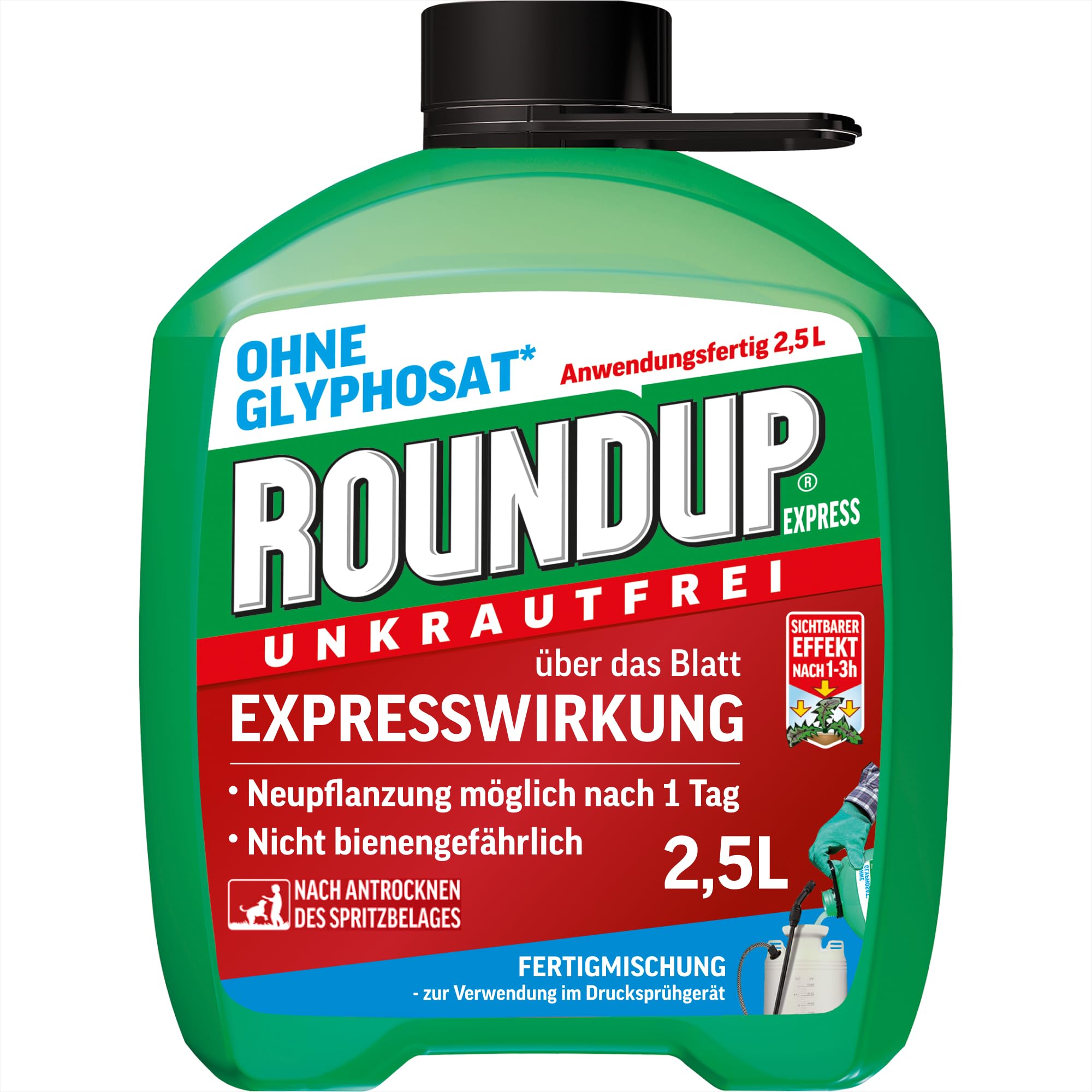 Roundup Unkrautfrei Express, 2,5 Liter Fertigmischung zur Bekämpfung von Unkräutern und Gräsern, zum Nachfüllen
