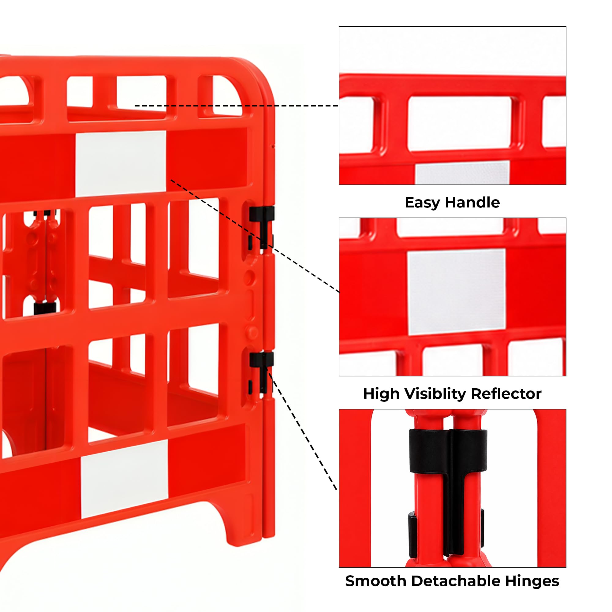 Barrera plegable – Rojo | Puerta temporal plegable de 4 piezas | Barrera de seguridad reflectante para la seguridad de peatones y trabajadores