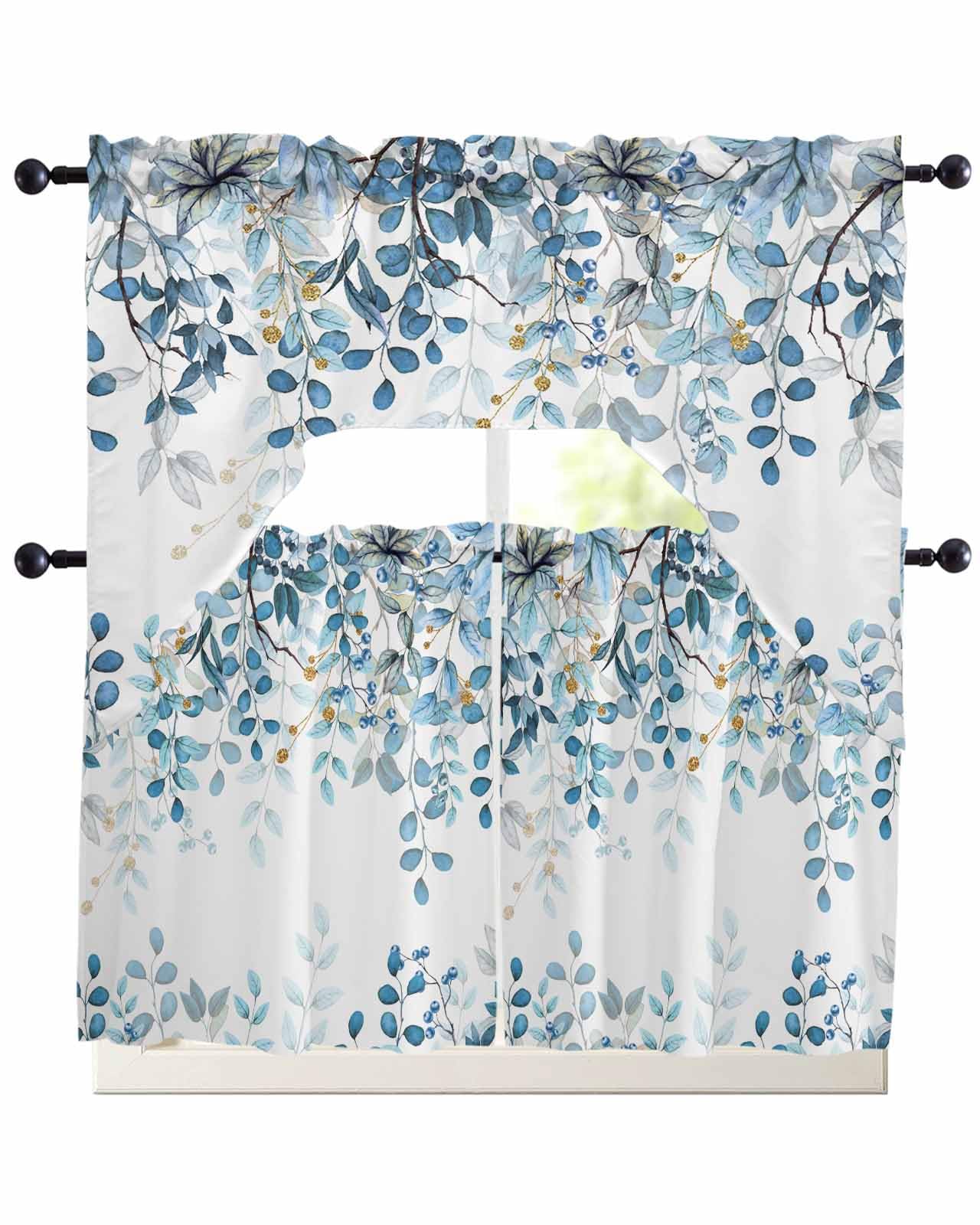 Kitchen Curtains Sets 24 Inch Length with Valance, Abstract Art Blue Leaves Branches Swag Valances for Windows and Tiers Curtain Set, Light Filtering Rod Pocket Drapes for Living Room, Cafes