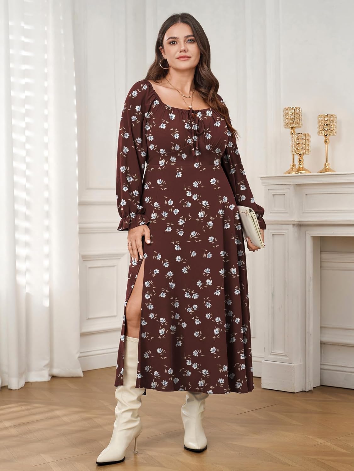 Women's Plus Size Milkmaid Dress Long Sleeve Square Neck Dress A-Line Flowy Maxi Wedding Guest Cocktail Formal Dresses - Image 3