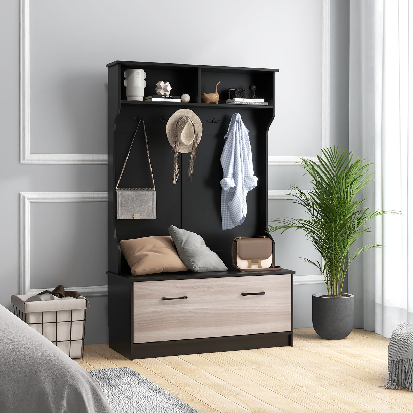 HOMASIS Appendiabiti da Terra con Scarpiera, Appendiabiti Aperti con Panca, 2 Scomparti e 5 Ganci Doppi, Guardaroba Ingresso, Guardaroba per Camera da Letto, Soggiorno, 100 x 40 x 160 cm (Nero)