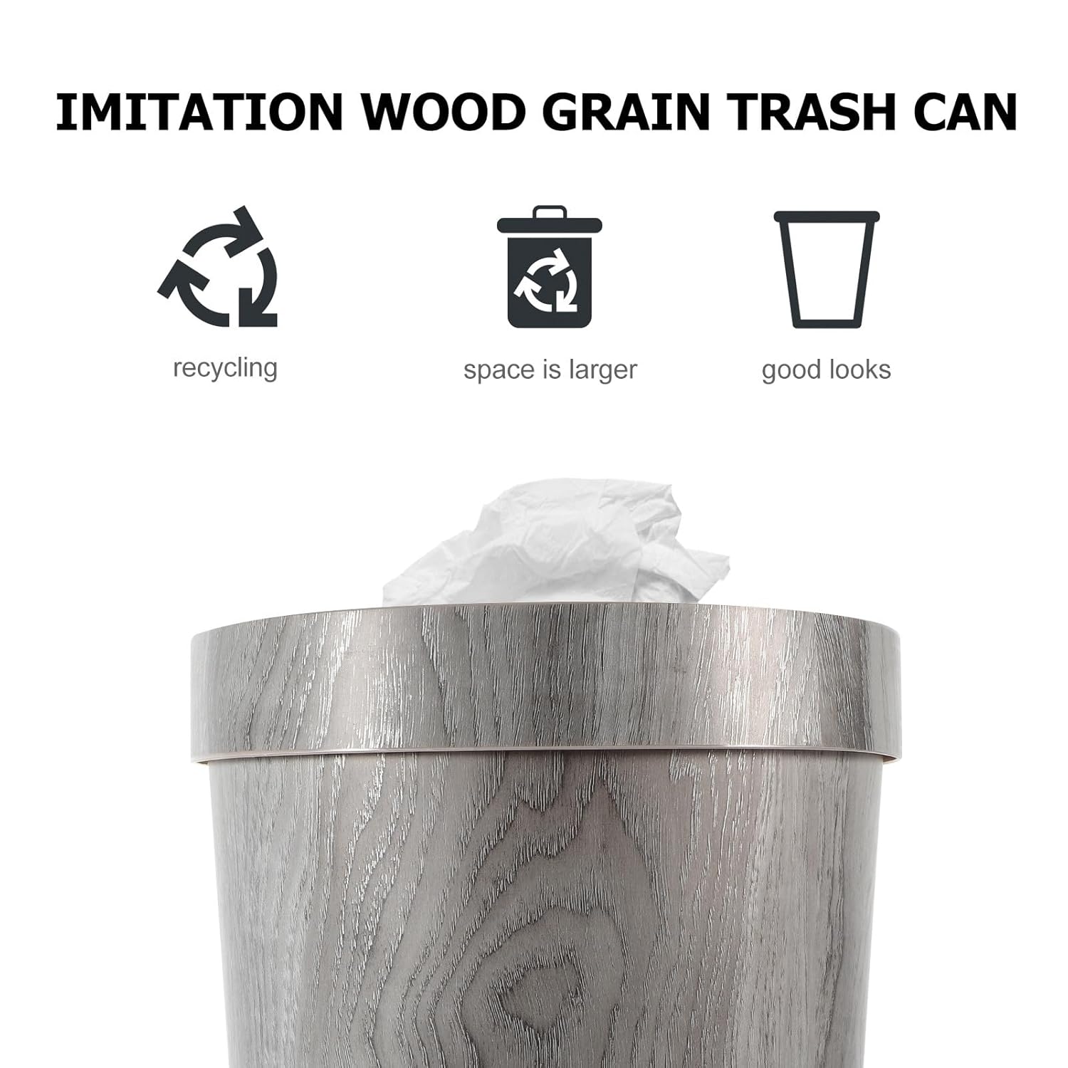 Luxshiny Vintage Wood Grain Trash Can Wastebasket 25x25x30.7cm Gray Open Top Bathroom Kitchen Indoor Rubbish Bin for Home Office Storage