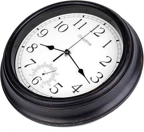 Miniatura 8 de Reloj de pared retro de 12 pulgadas para interiores y exteriores, impermeable, con termómetro, para patio, piscina, jardín, hogar, bronce