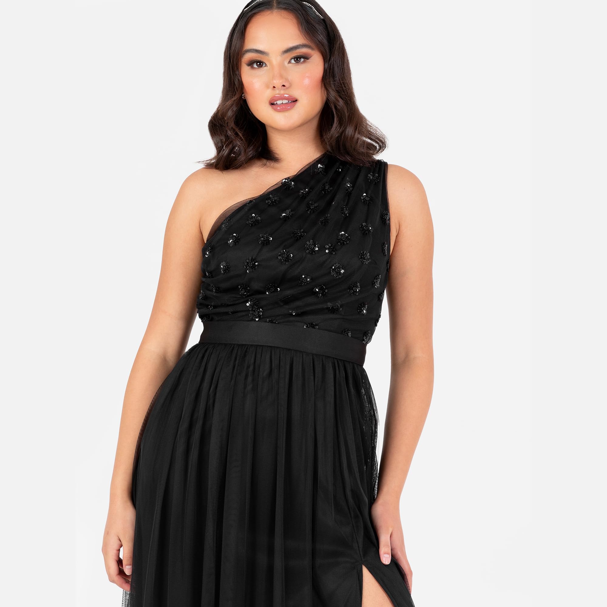 Maya Deluxe Damen Women's Maxi Dress Ladies One Shoulder Sleeveless Floral Sequin Embellished Sash Tie Belt Tulle A-line Split Bridesmaid Dress (1er Pack)