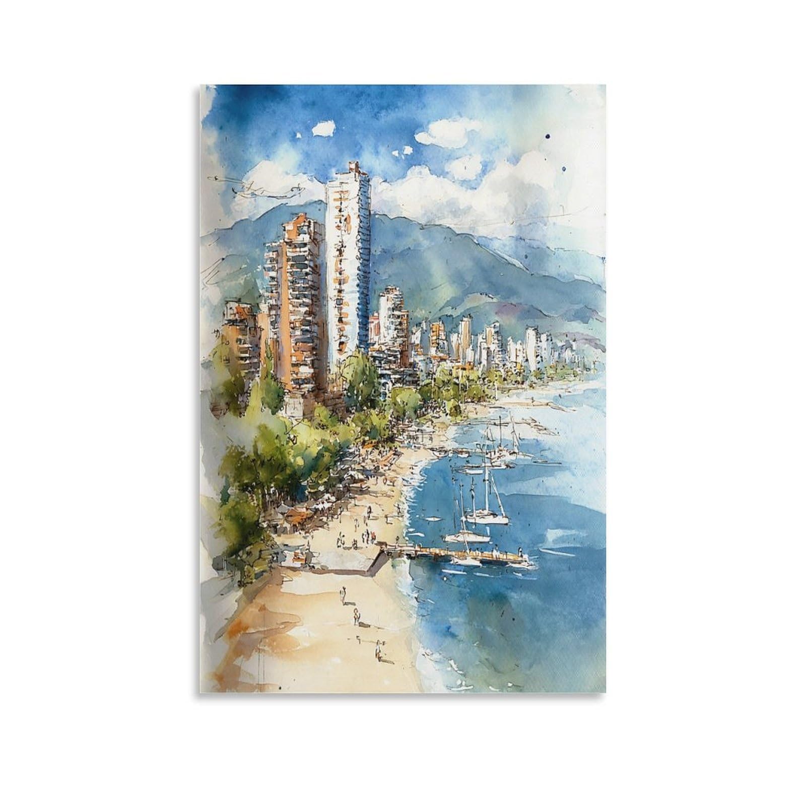 Xwymxz Unframe-Style Vancouver Beach Watercolor 20X30inch(50X75cm) Vintage Travel Poster Watercolor Canvas Art