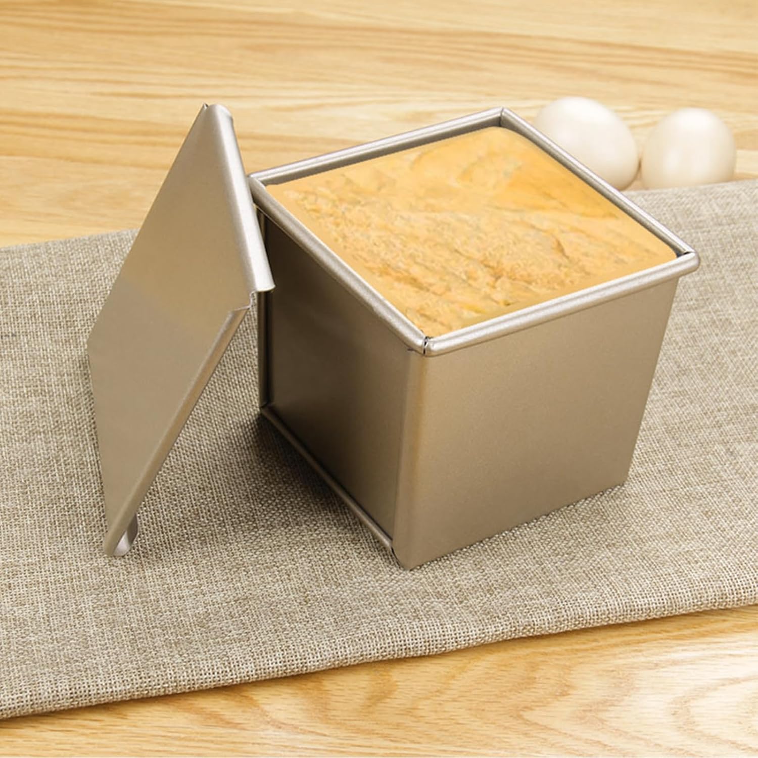 CertBuy 2 Pack Mini Pullman Loaf Pan with Lid, 0.55Lb Dough Capacity, 3.9" x 3.9"x 3.8" Non-Stick Bakeware for Baking Bread, Loaf Bread Baking Pan Gold