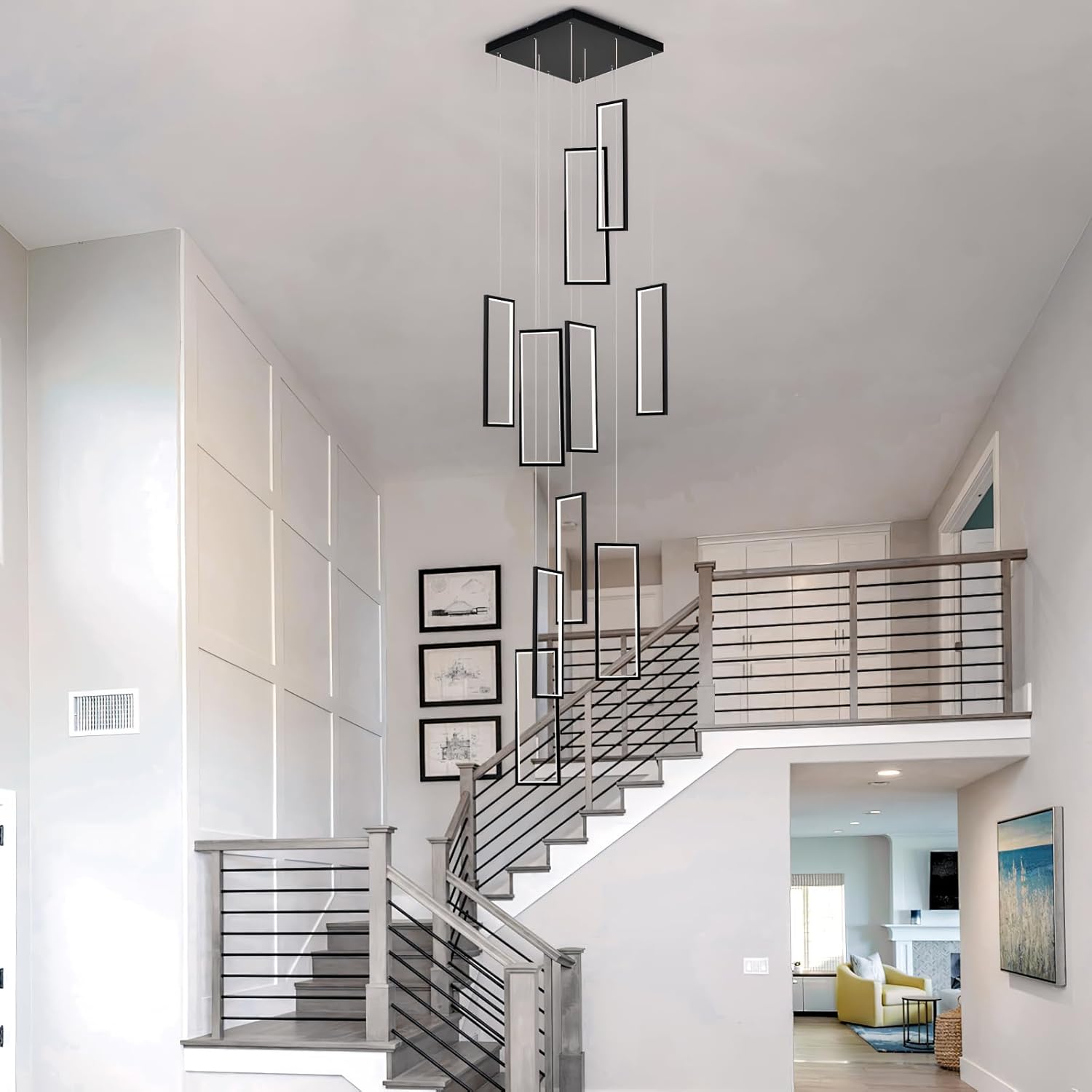 GEADI Modern Foyer Chandelier for High Ceilings,10 Rectangle Dimmable Led High Ceiling Chandelier with Remote Control,Black Large Staircase Pendant Light Fixture for Entryway（3000-6500K）