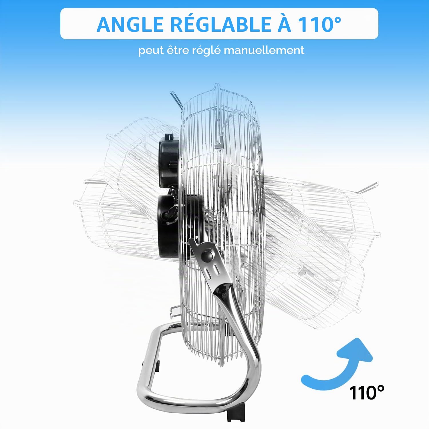 Ventilateur de Sol en Métal Brasseur d'air Industriel, Argent | Robuste, Rétro sur Pied, 3 Vitesses, Angle d'inclinaison Réglable, 80W