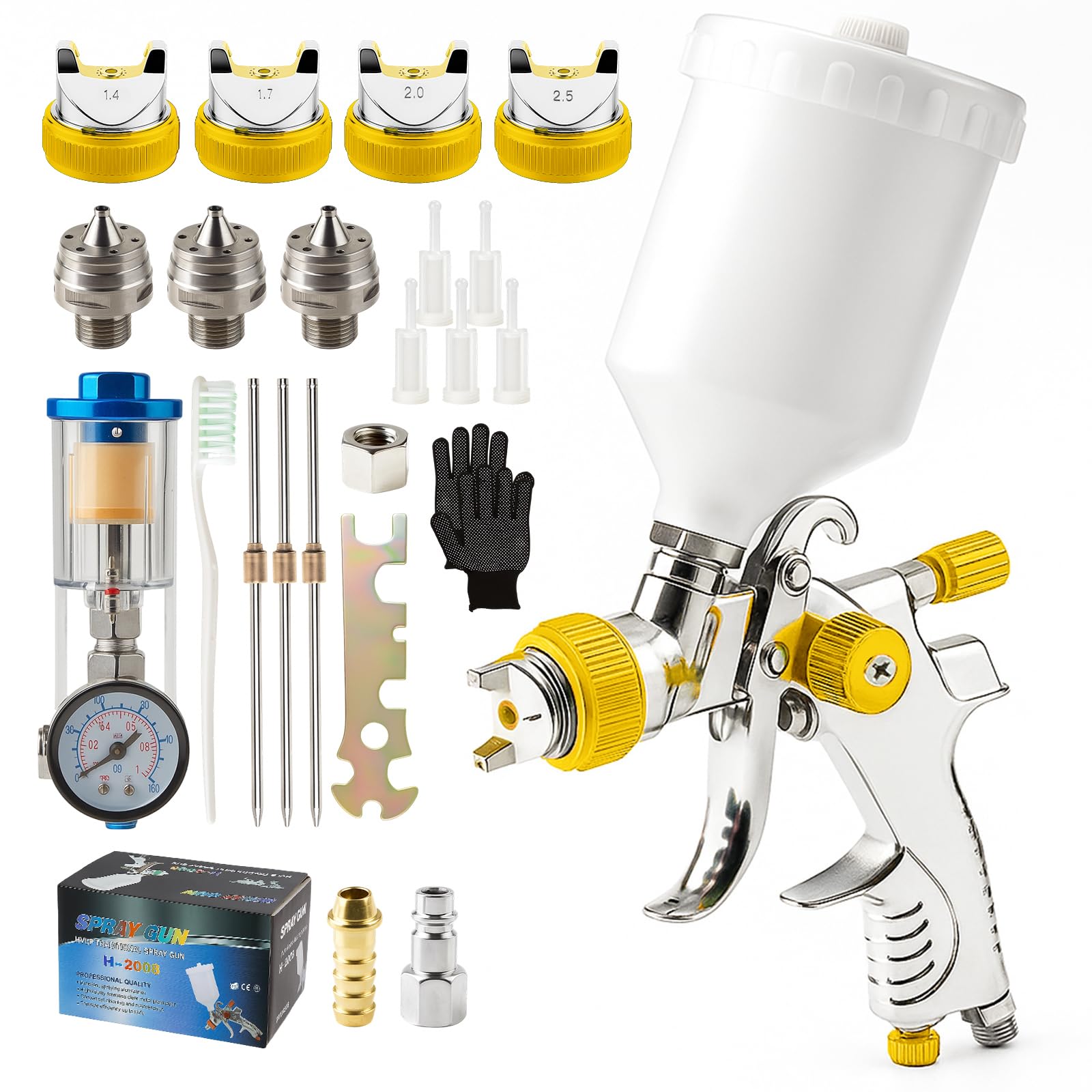 HVLP Lackierpistole Set mit 4 Düsen (1,4/1,7/2,0/2,5 mm), Druckluft Spritzpistole mit 600 ml Becher für Auto, Möbel, Holz, Heimwerker & Lackarbeiten - Grün (Gelb)
