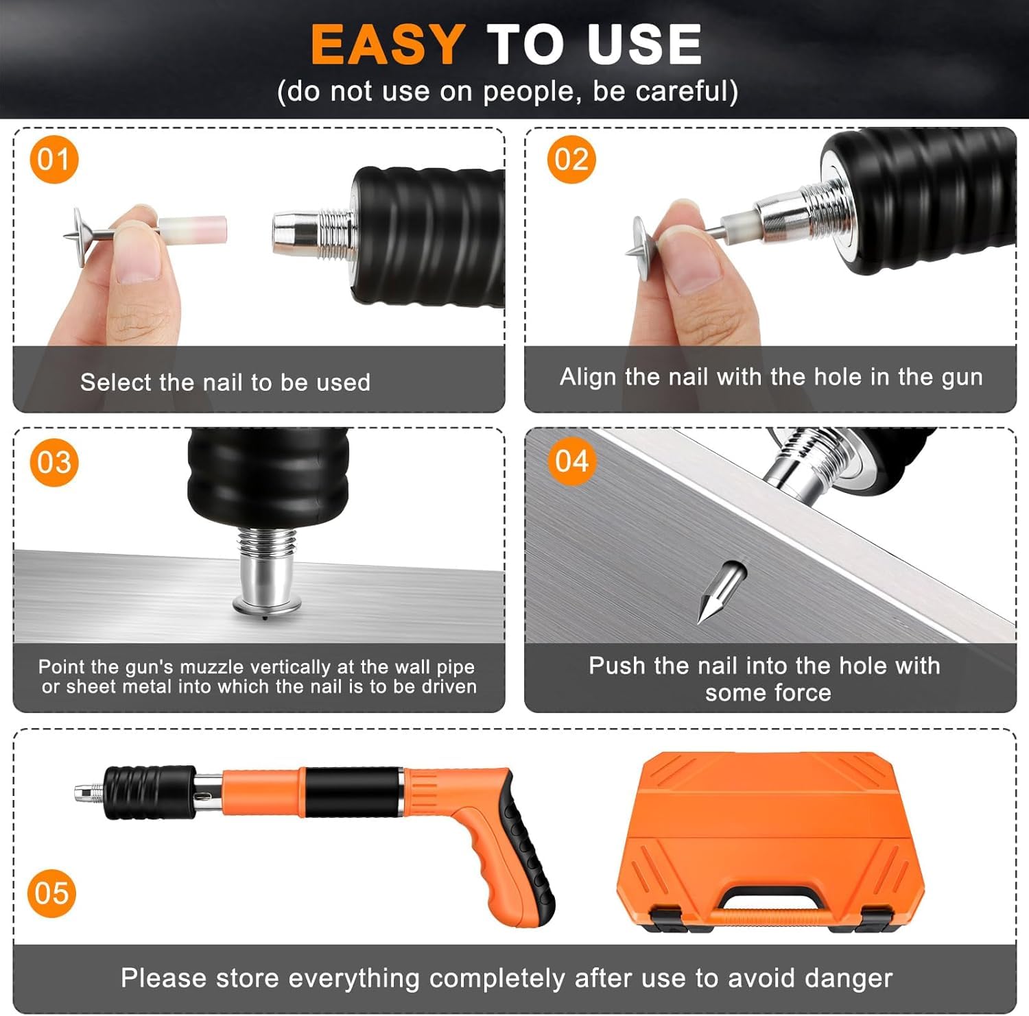 Cloueur Béton,Pistolet à Ongles Portable,Cloueuse Rivet Gun,Pistolet à Clous Manuel avec 5 Niveaux de Réglable,pour Murs en Béton (orange)