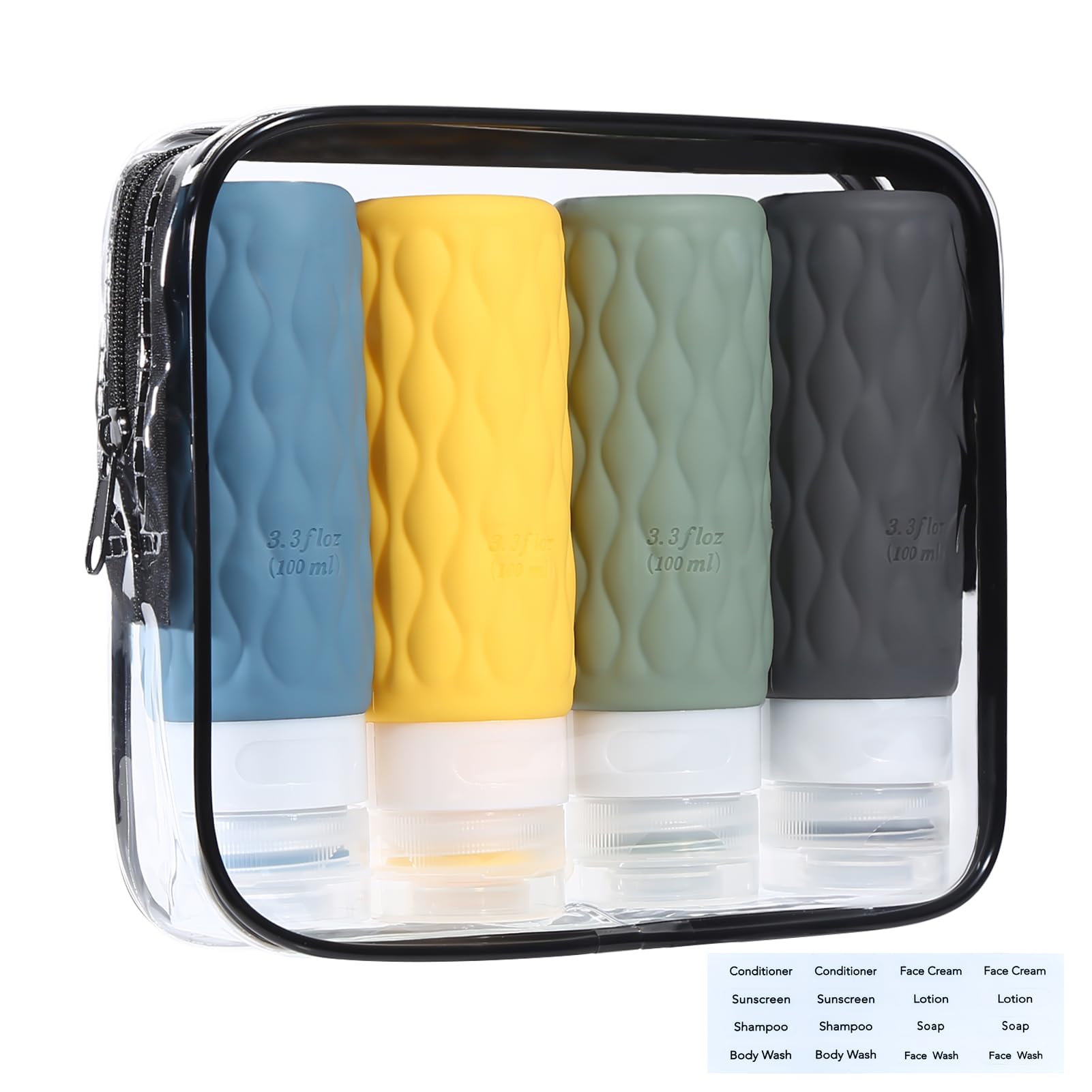 Flacon voyage silicone 100ml,kit voyage produit toilette réutilisable,Convient pour remplir shampoing,revitalisant,lotion,gel douche,Avec pochette transparente voyage,Sans BPA, approuvé TSA