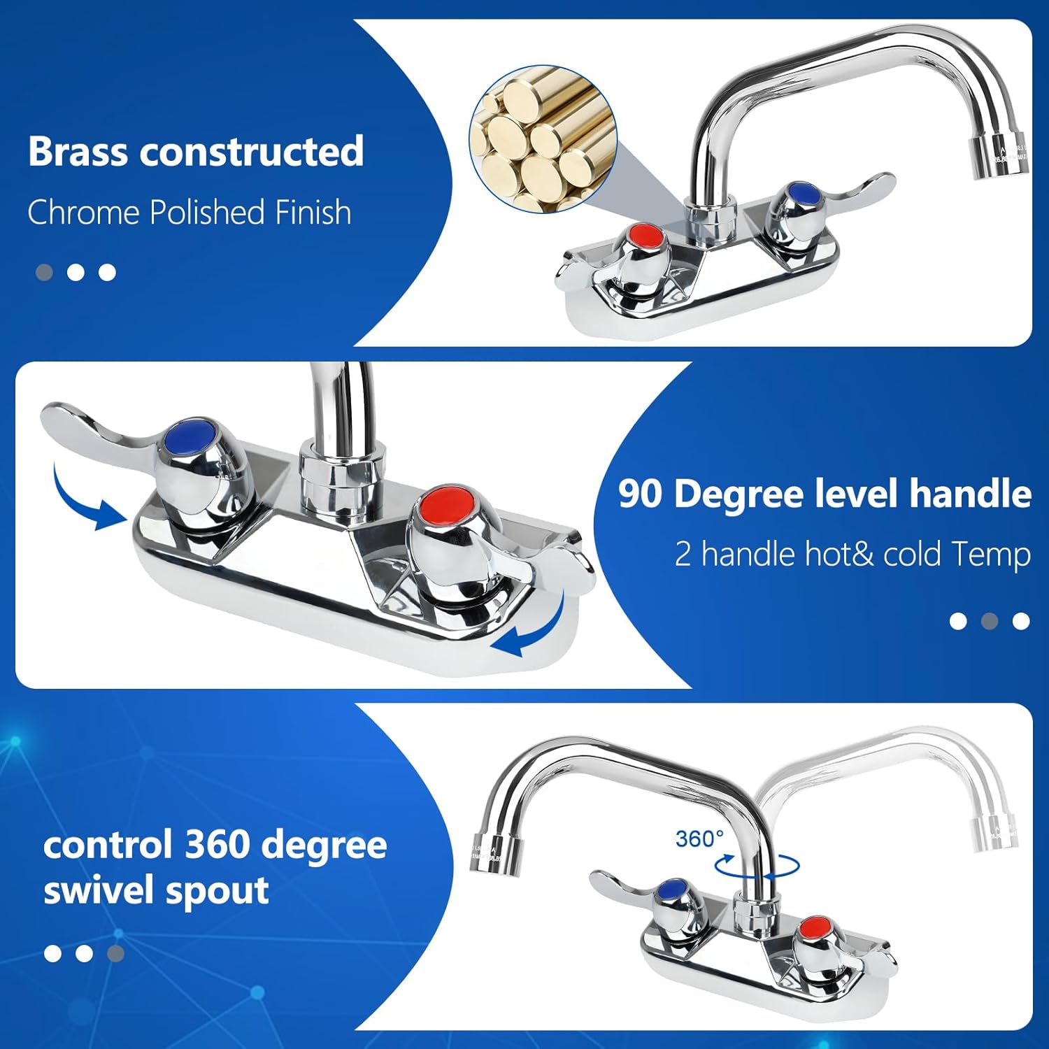 KWODE 4” Center Commercial Hand Sink Faucet with 6” Swivel Spout, Dual Lever Handles Utility Wall Mount Kitchen Sink Faucet for Bar,1/2” NPT Male Inlet, Brass Constructed, Chrome
