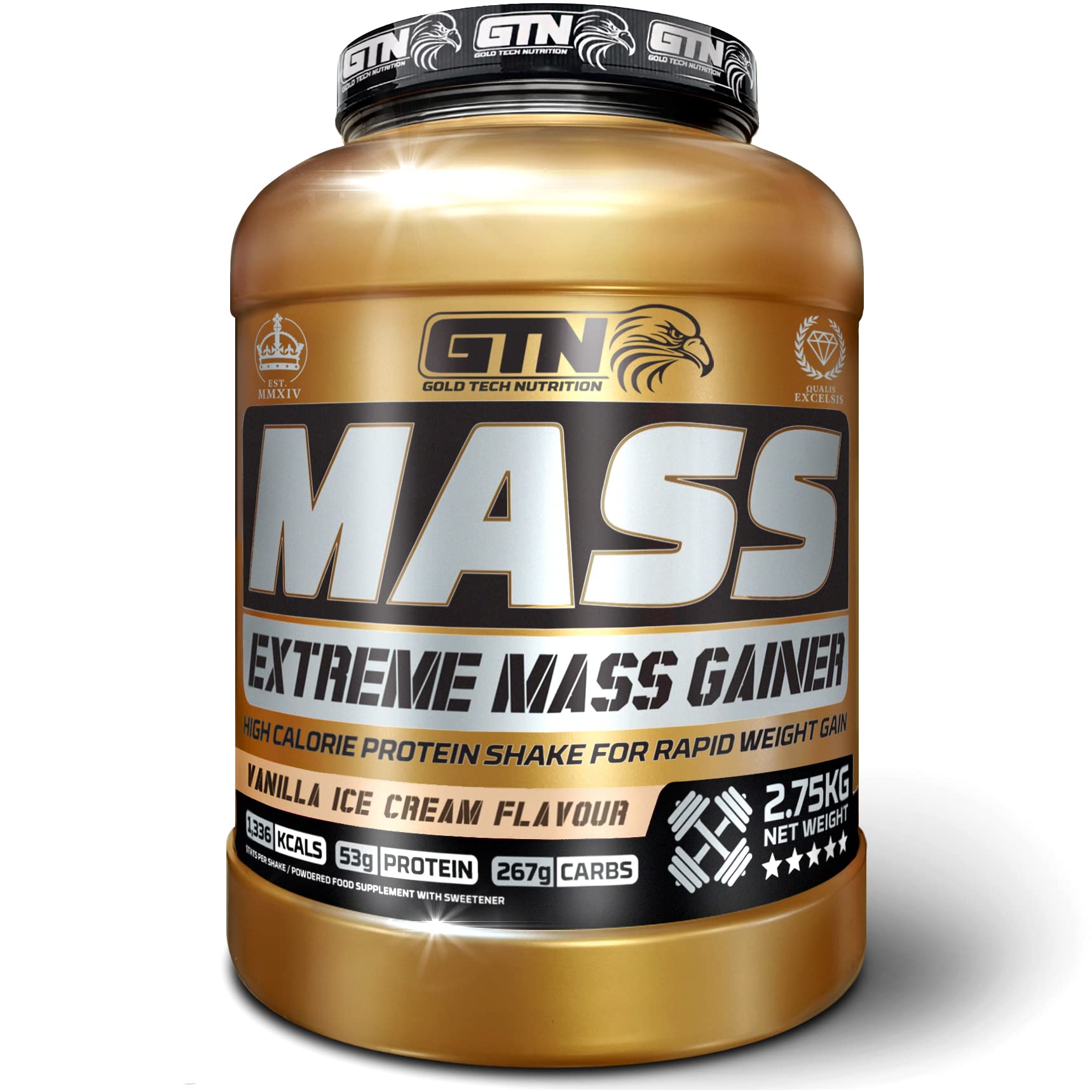Gold Tech Nutrition Extreme Mass Gainer Protein Powder High Calorie Mass Gainer with Vitamins, Creatine Monohydrate and Glutamine. 2.75 kg. (Vanilla)