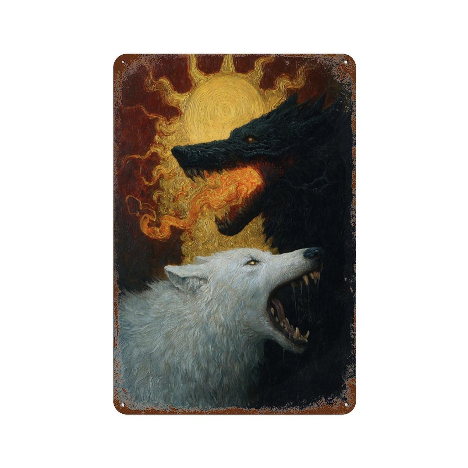 Fiery Wolves Artistic Battle Retro Metal Sign 11.8"x7.9", for Patio, Garden Room And Bar Decor, Old School Wall Decor