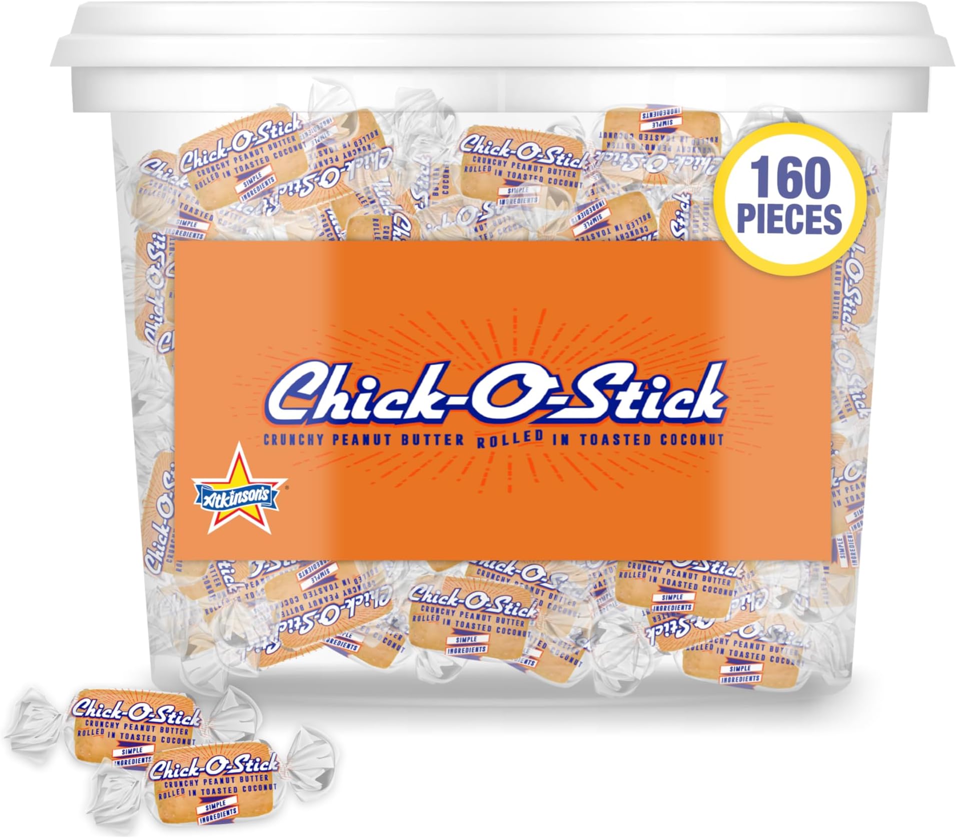 Atkinson's Chick-O-Stick Nuggets - Crunchy Peanut Butter Rolled in Toasted Coconut - Gluten Free, Kosher, Vegan, No Artificial Ingredients - 0.20 oz. Bite Size Candy - 160 Piece Tub
