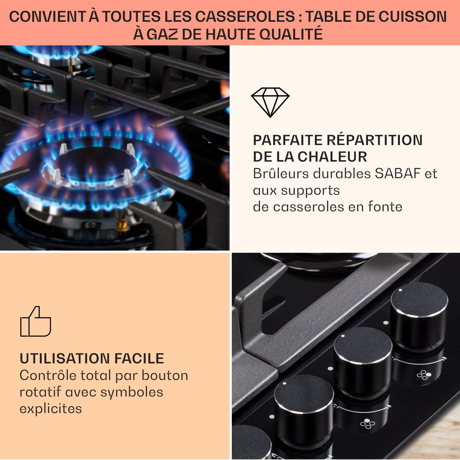 Klarstein Tables de Cuisson à Gaz, Plaque de Cuisson Gaz à 4 Brûleurs, Table de Encastrable à 4 Feux de 8100W, Cuisiniere Gaziniere avec Brûleurs en Acier Inoxydable, Cuisinières GP