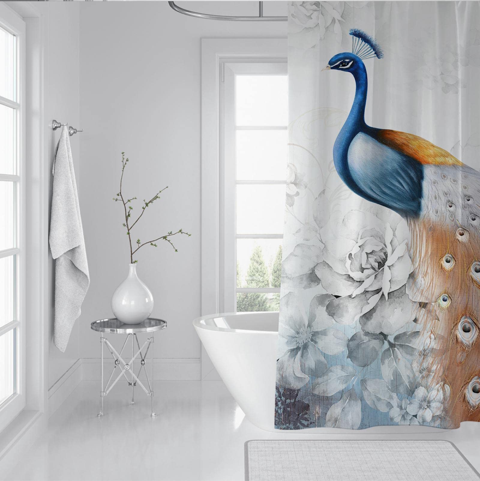 Beau Rideau de Douche Peacock pour Tissu de Salle de Bain Rideaux de Douche en Polyester Set avec Crochets Imperméable à l’Eau Rideaux de Baignoire faciles à Entretenir W150xL200cm