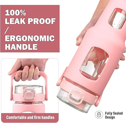 Miniatura 2 de BLUEGO Botella de agua de vidrio de 40 onzas, botella con popote y tapa, vaso de vidrio con marcador de tiempo y agua, taza de café helado con funda