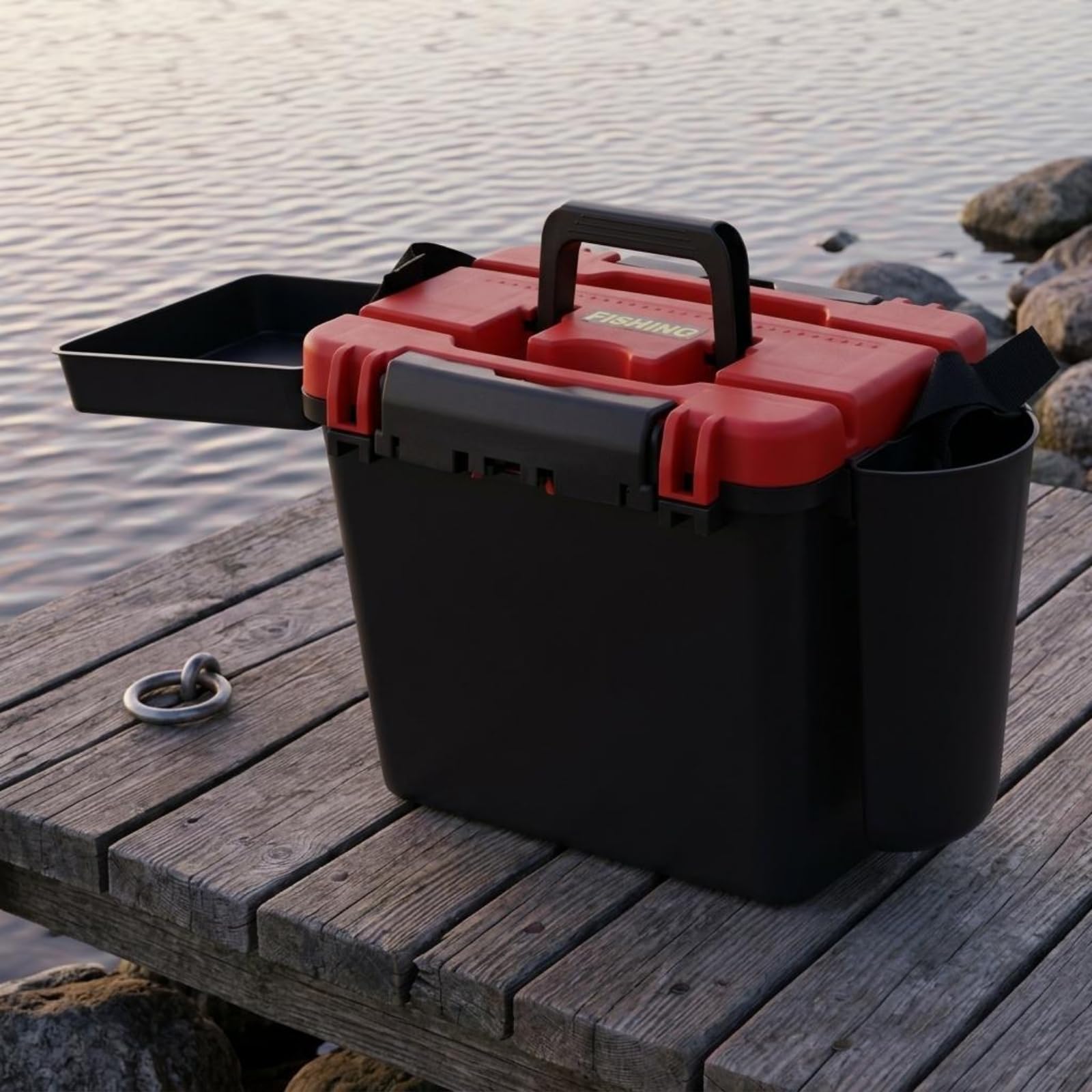 LOVIVER Box Sedile da Pesca Contenitore Attrezzatura Scatola Esche Secchio in Plastica con Coperchio Manico E Tracolla Struttura Solida per Ordinare Ami Pinze E Adatto Fiume Barca Riva, Rosso