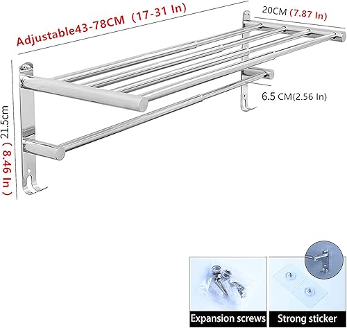 Miniatura 4 de Toallero elástico de 19.7-31.5 pulgadas, estante de baño, acero inoxidable 304, montaje en pared con gancho, ahorra espacio de almacenamiento,