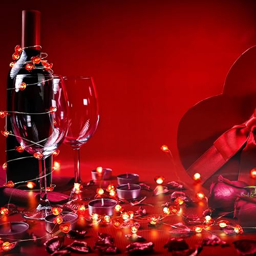 Miniatura 7 de CCINEE Guirnalda de luces rojas en forma de corazón para el día de San Valentín, funciona con pilas, con control remoto, 10 pies, 40 luces LED