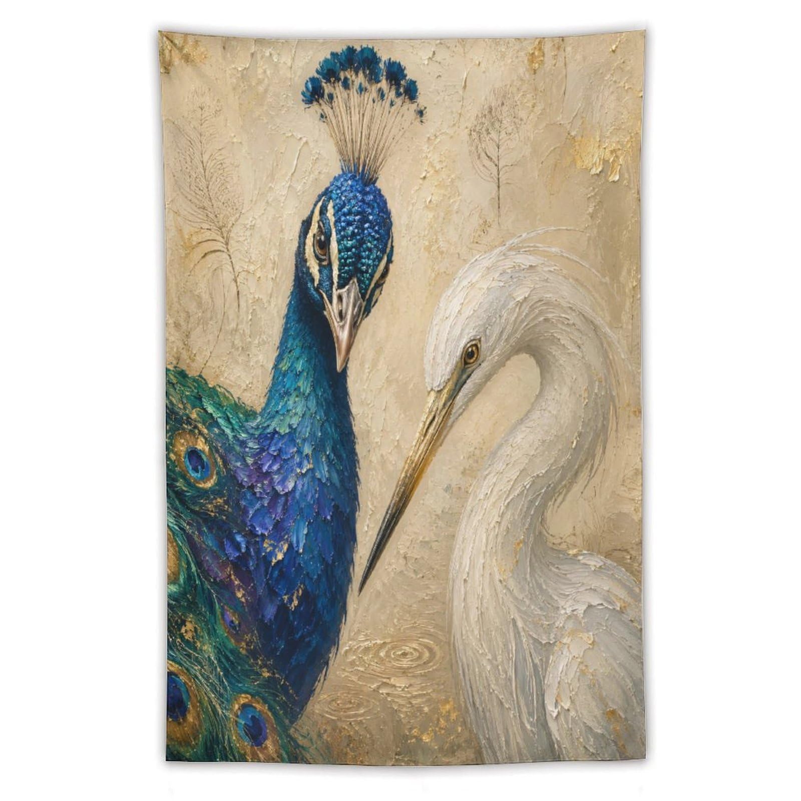 W7C8U2X3 Peacock and Egret Wall Tapestry, Detailed Illustration, Backdrop