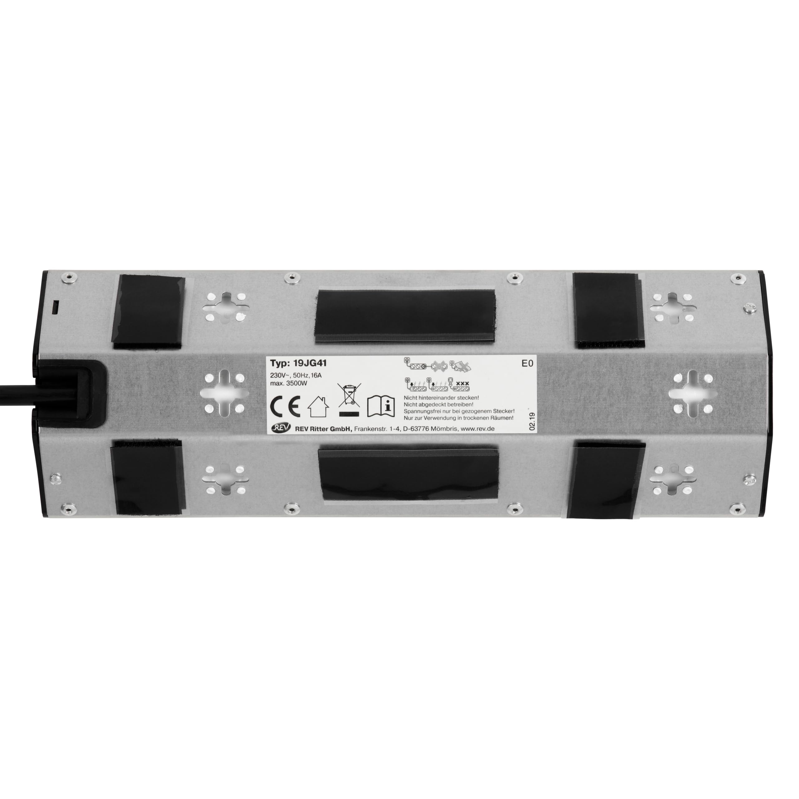 REV Steckdosenleiste - Mehrfachsteckdose mit Klettband für Eckmontage, ideal für Küche & Büro, 3500W, 1,95m, Silber
