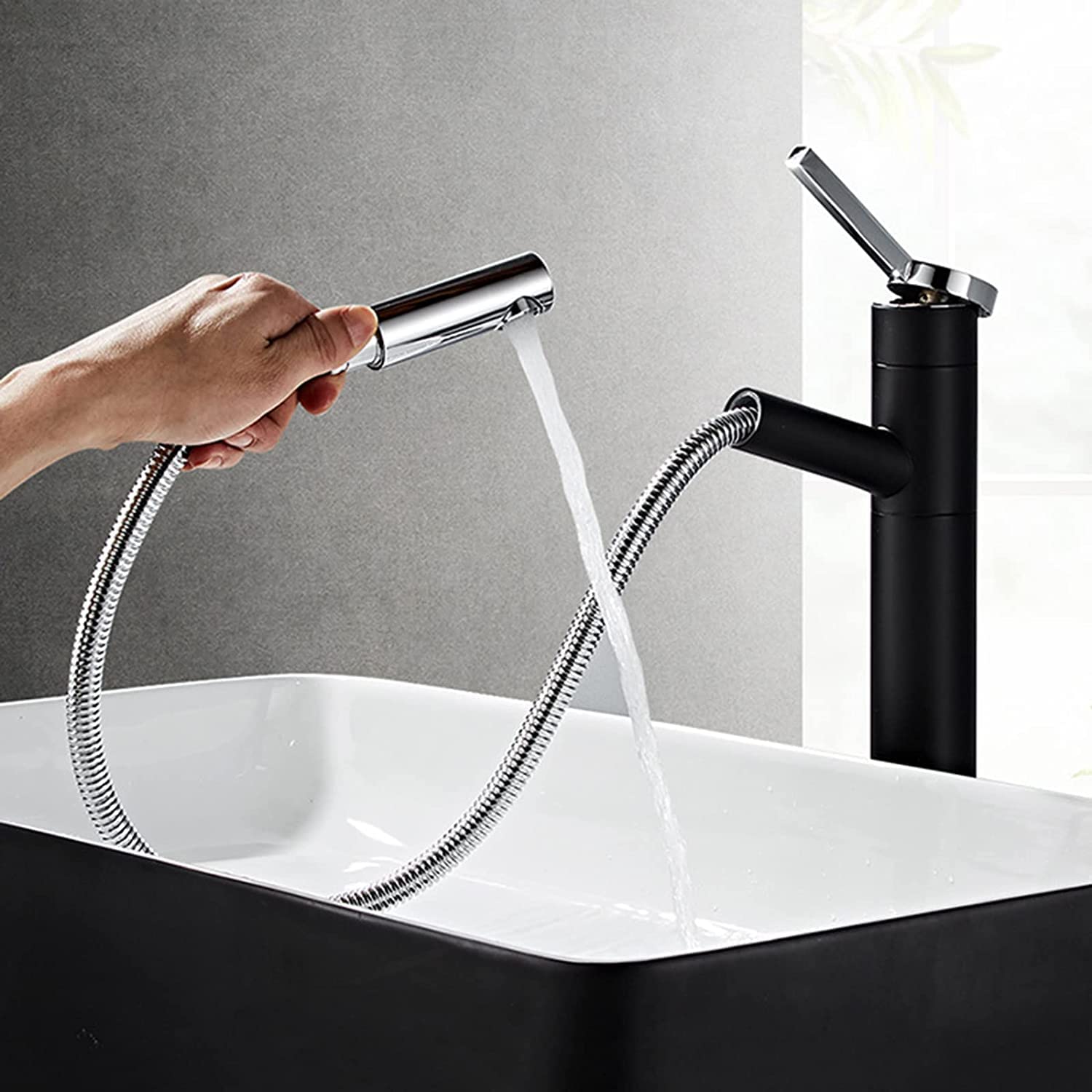 DFGHNBVC Pull Down Bathroom Faucet Single Handle 360° Swivel Mixer Tap Black Chrome High Arc Basin Sink Faucet With Retractable Spray For Modern Bathrooms,Schwarz Und Chrom.-Hoch