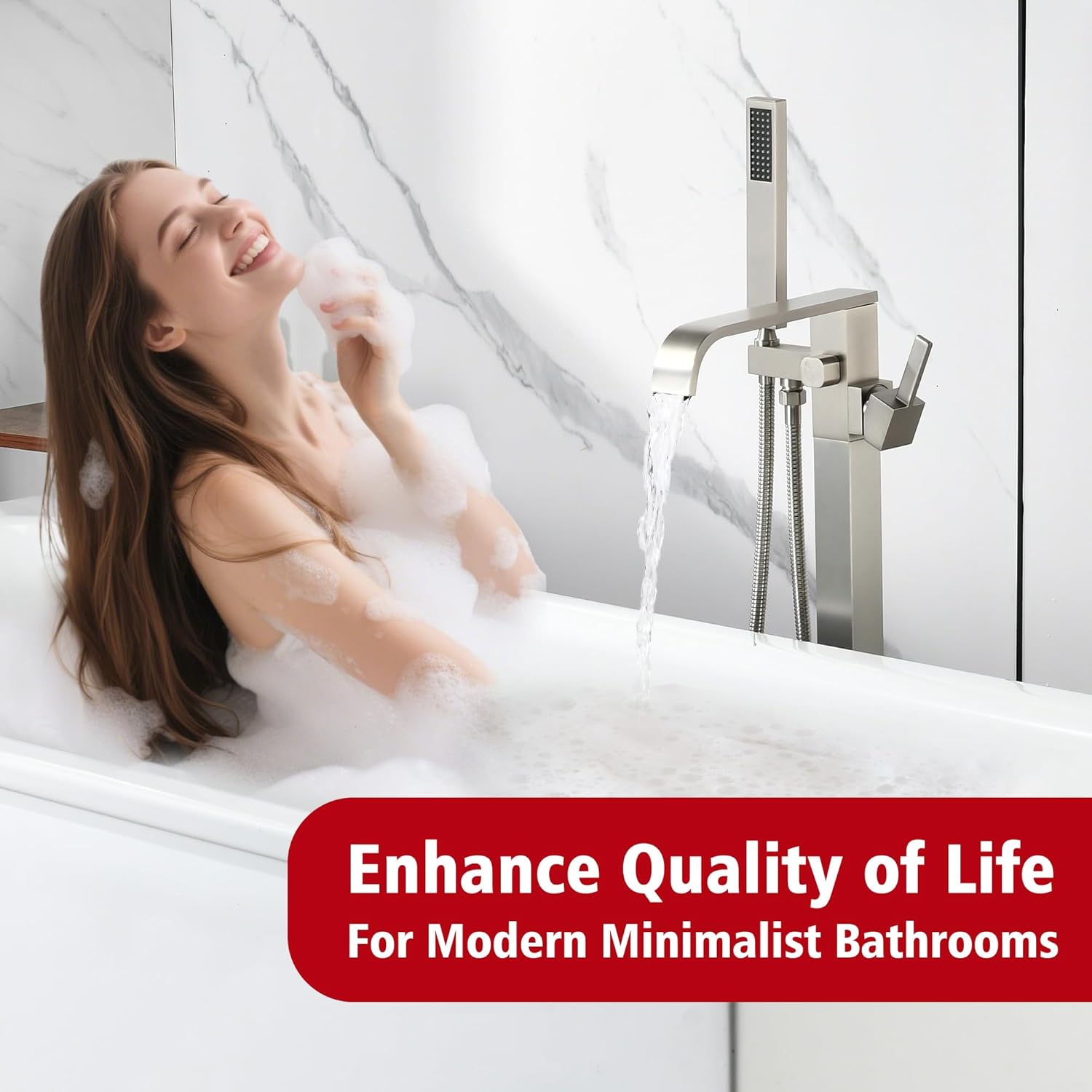 SUMERAIN Brushed Nickel Freestanding Bathtub Faucet with Hand Shower, Waterfall Floor Mount Tub Filler with 360-degree Swivel Spout, High Flow