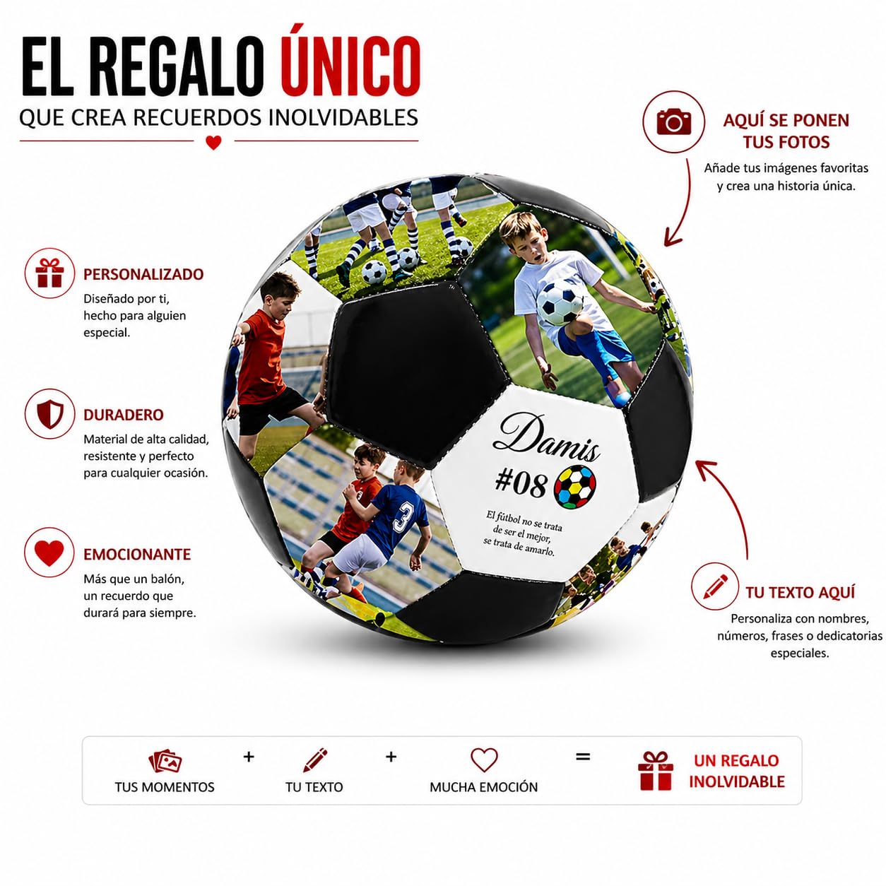 Balon de Futbol Personalizado con Fotos y Textos, 19 Fotos + 12 Textos, Regalo Original para Padres, Ninos y Entrenadores