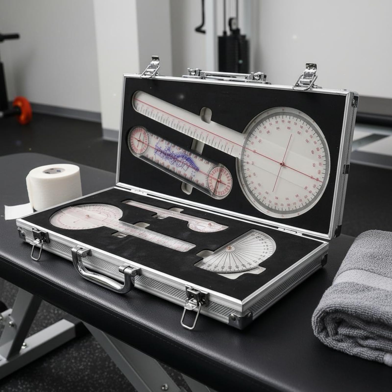 Goniometro Articolare Valigetta in Metallo Kit Goniometro Chiusura a Scatto Righello Goniometrico per Fisioterapisti, Ortopedici, Studio Medico, Lega Di Alluminio Con Scatola
