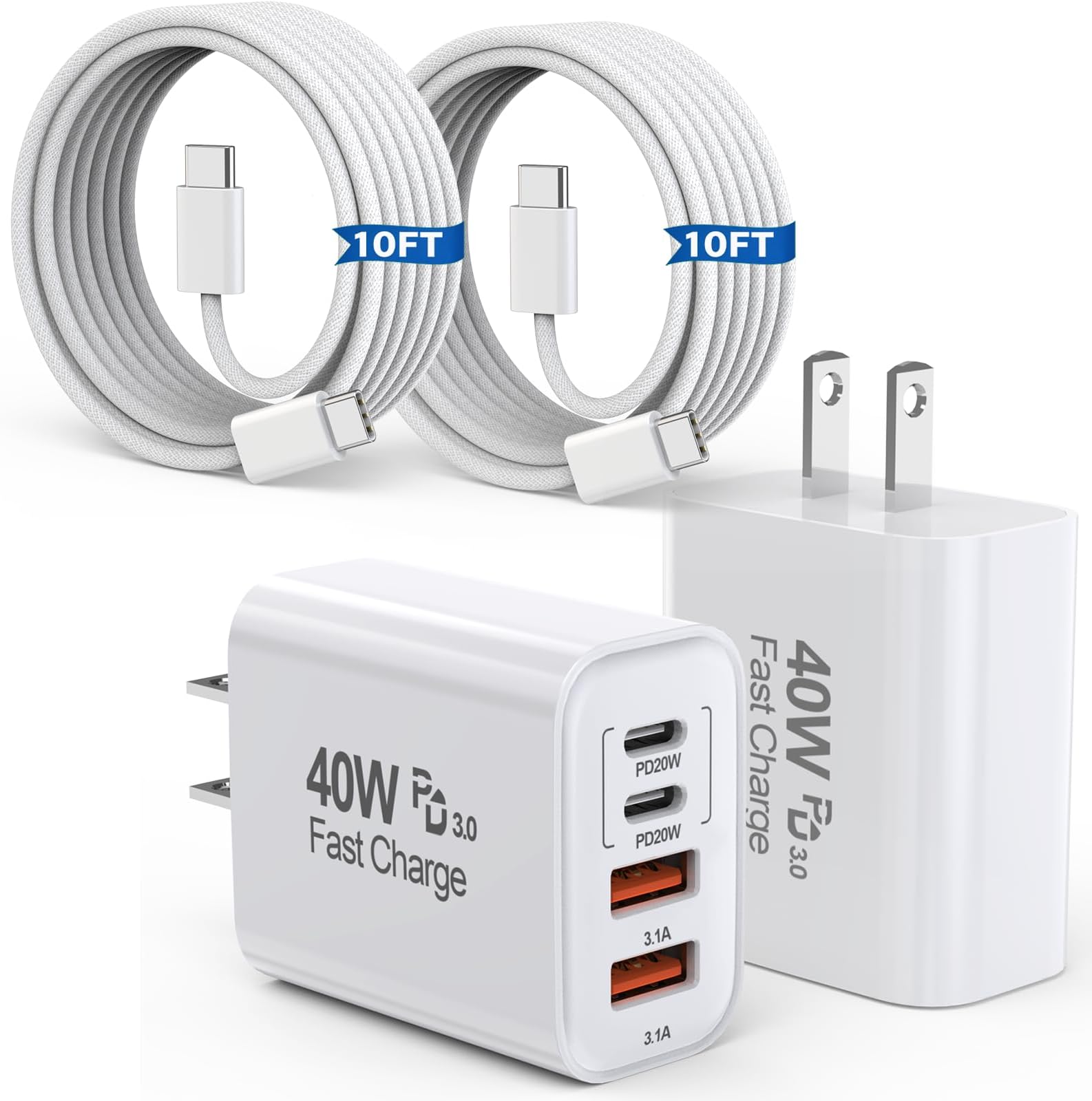 10FT iPhone 17 16 15 Pro Charger,2Pack 10Foot USB C to C Woven Cable Cord 40W USB C Apple Charger 4 Port PD&AC Charge Block Fast Charging for iPhone 17 Air/17 16 15 Pro Max/16e/16 Plus/15/15 Pro/iPad