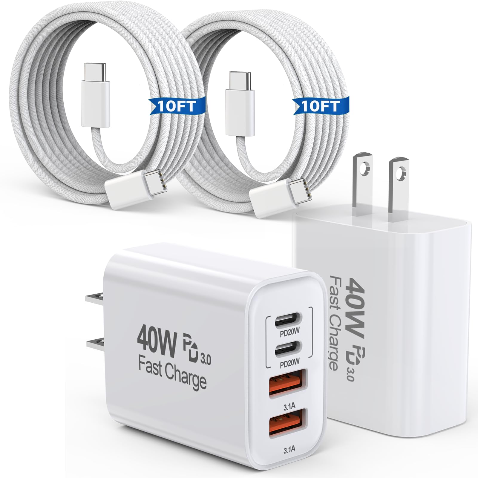 10FT iPhone 17 16 15 Pro Charger,2Pack 10Foot USB C to C Woven Cable Cord 40W USB C Apple Charger 4 Port PD&AC Charge Block Fast Charging for iPhone 17 Air/17 16 15 Pro Max/16e/16 Plus/15/15 Pro/iPad