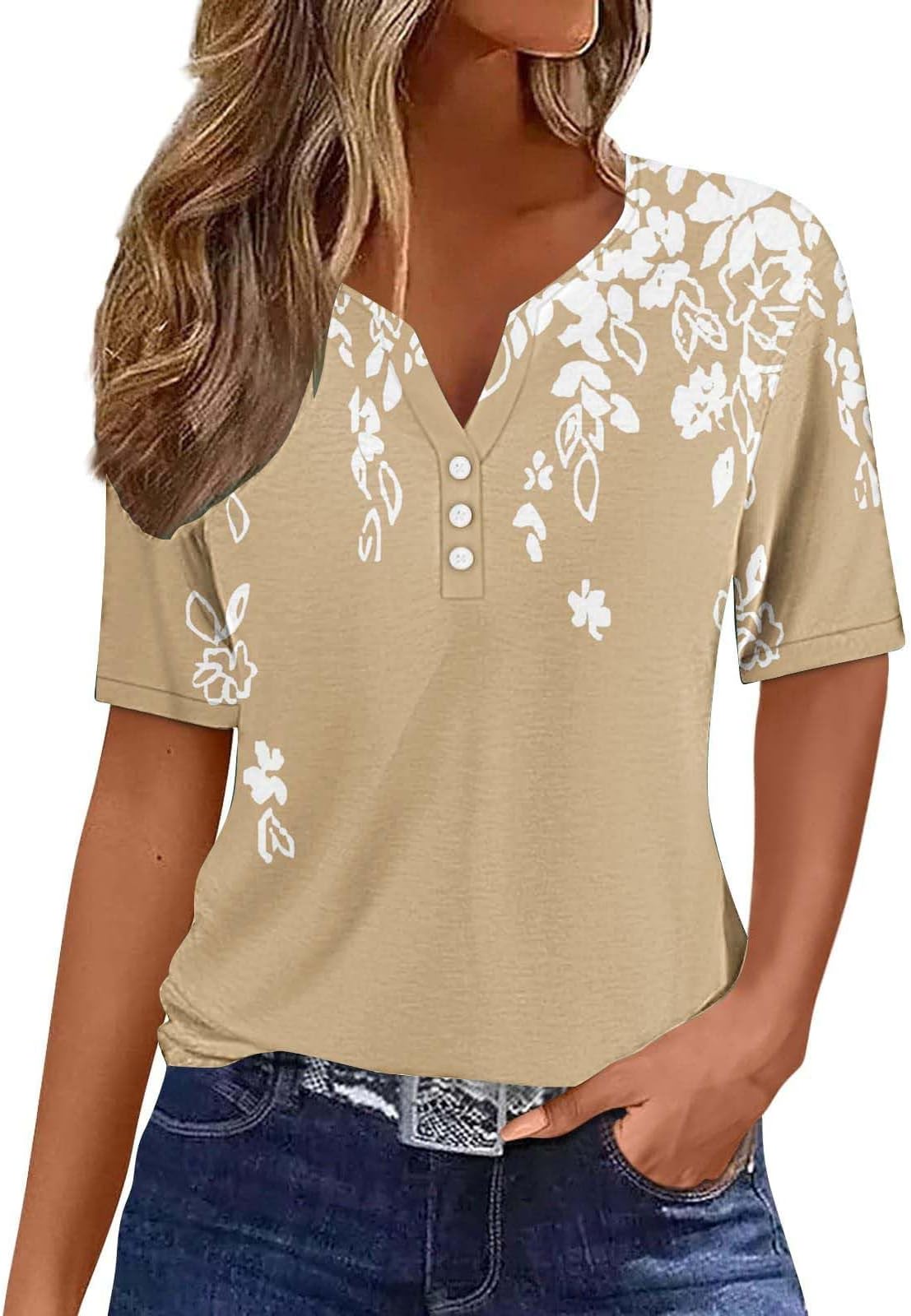 CeboyelWomen Floral Boho Summer Tops 2024 Short Sleeve Henley Shirts V Neck Blouses Tunic Trendy Fashion Vacation Clothes