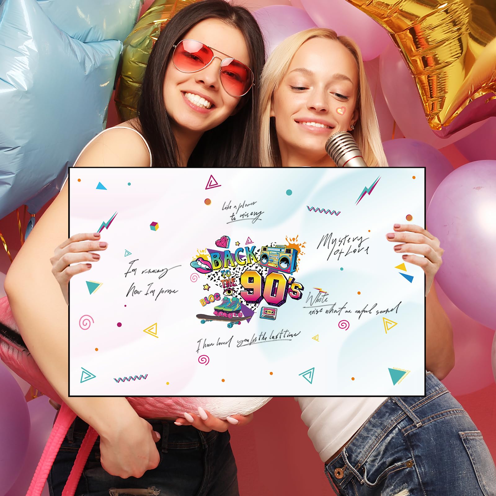 Decoraciones de fiesta de los años 90, tarjetas de felicitación con el tema de los años 90, libro de invitados con texto en inglés "I love 90's, decoración divertida de los años 90 para tablero de