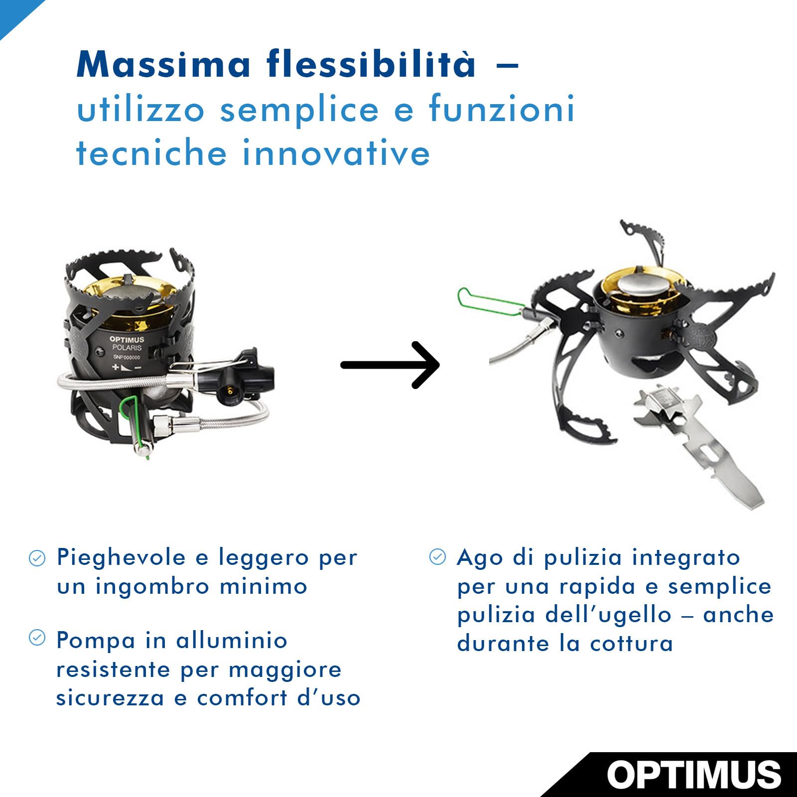 OPTIMUS - Fornello multiuso Polaris Optifuel, fornello da campeggio per diversi combustibili
