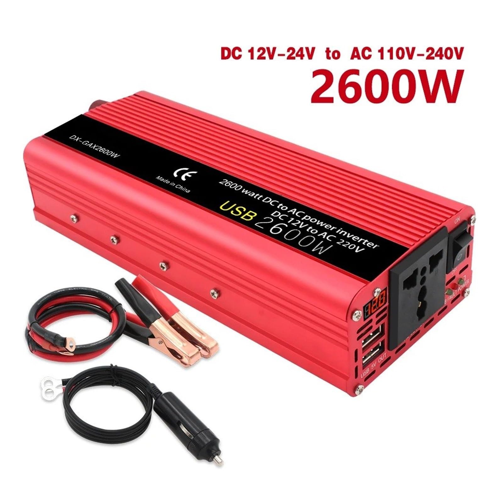 Inversor Corriente Universal para Coche 50 Hz 60 Hz 1500 W 2000 W 2600 W CC 12 V A CA 220 V Adaptador Batería Convertidor(12V,2600W Red LED,Universal 60Hz)