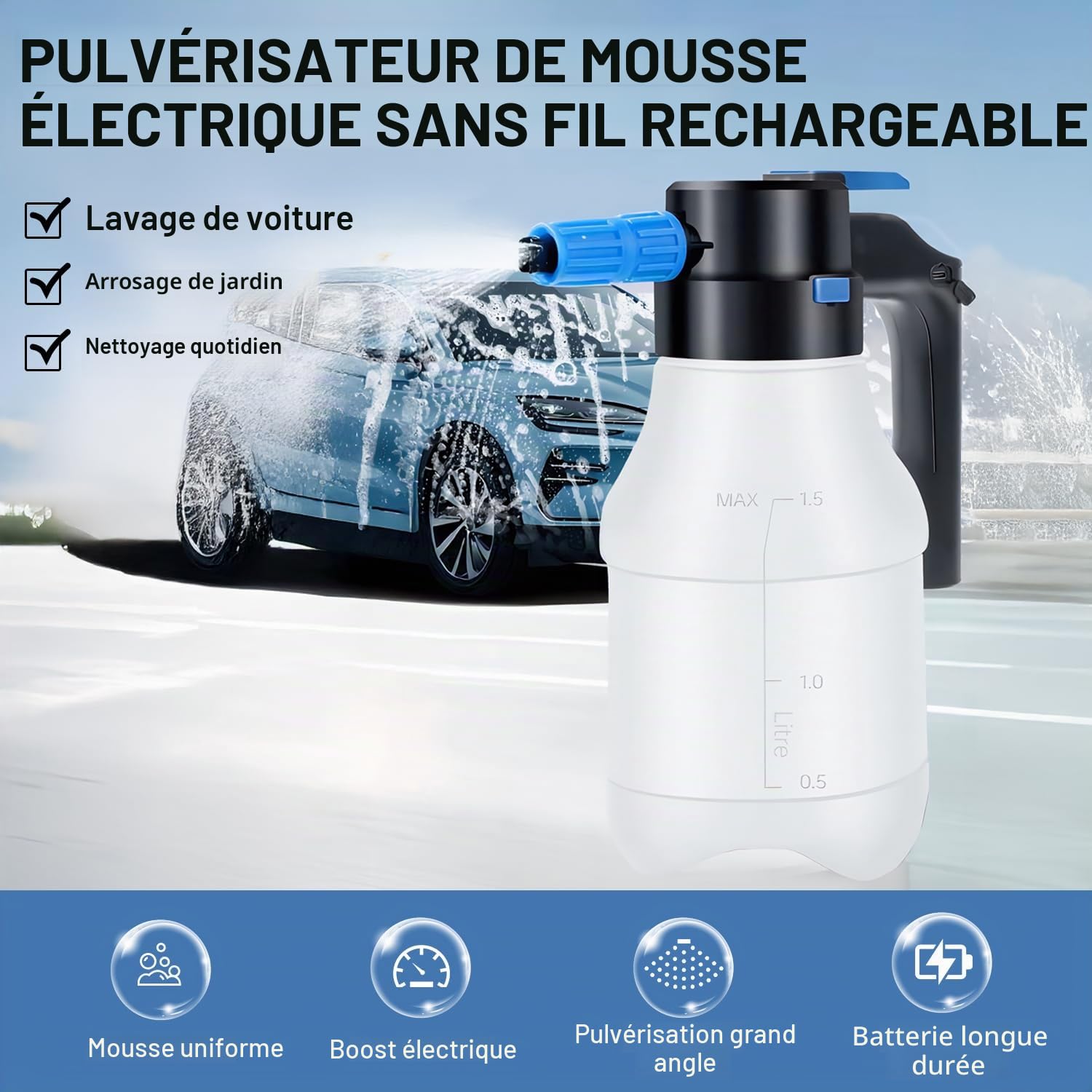 VOBOR Pulvérisateur à Mousse Électrique, 1.5L Batterie USB C Rechargeable, sans Fil Canon a Mousse Voiture pour Nettoyage de Voitures, Roues, Vitres