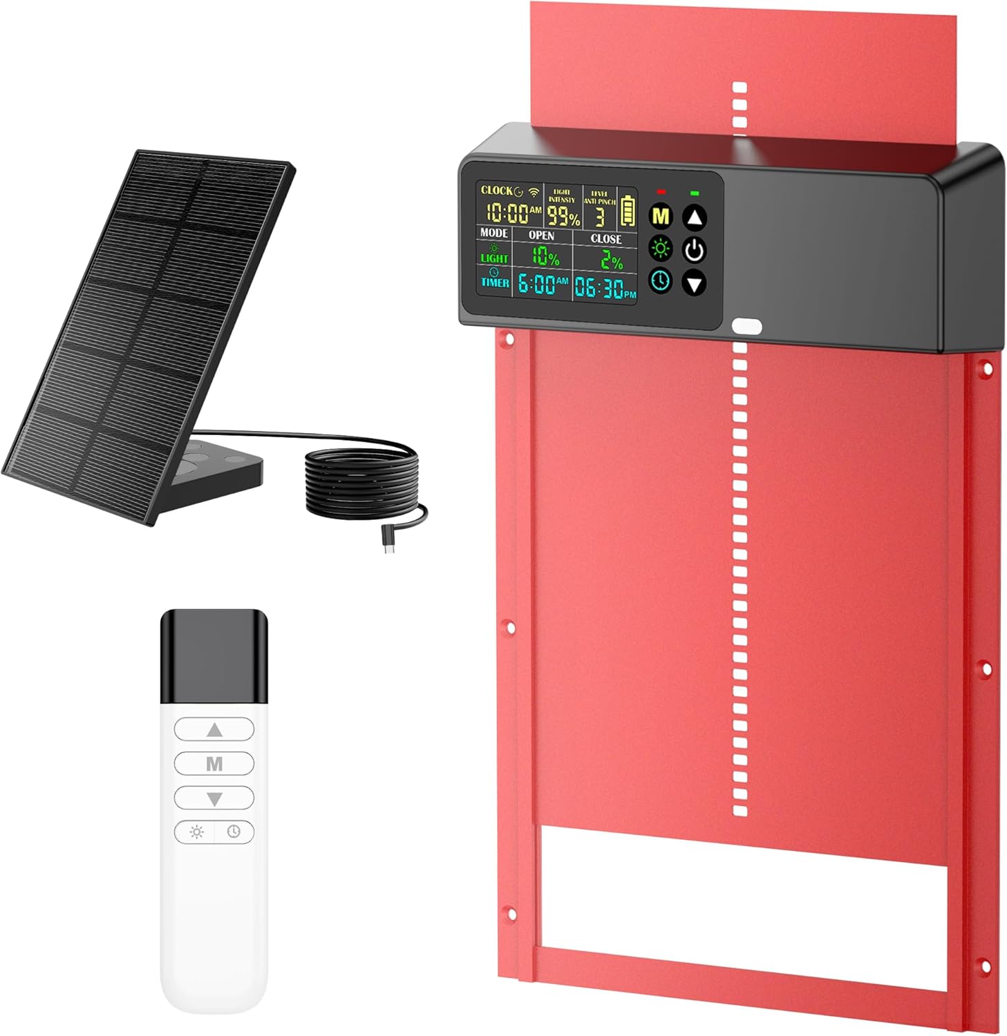 Chicken Coop Door Solar Powered with Programmable Remote Control, Automatic Aluminum Chicken Door 4 Modes with Color LCD Display