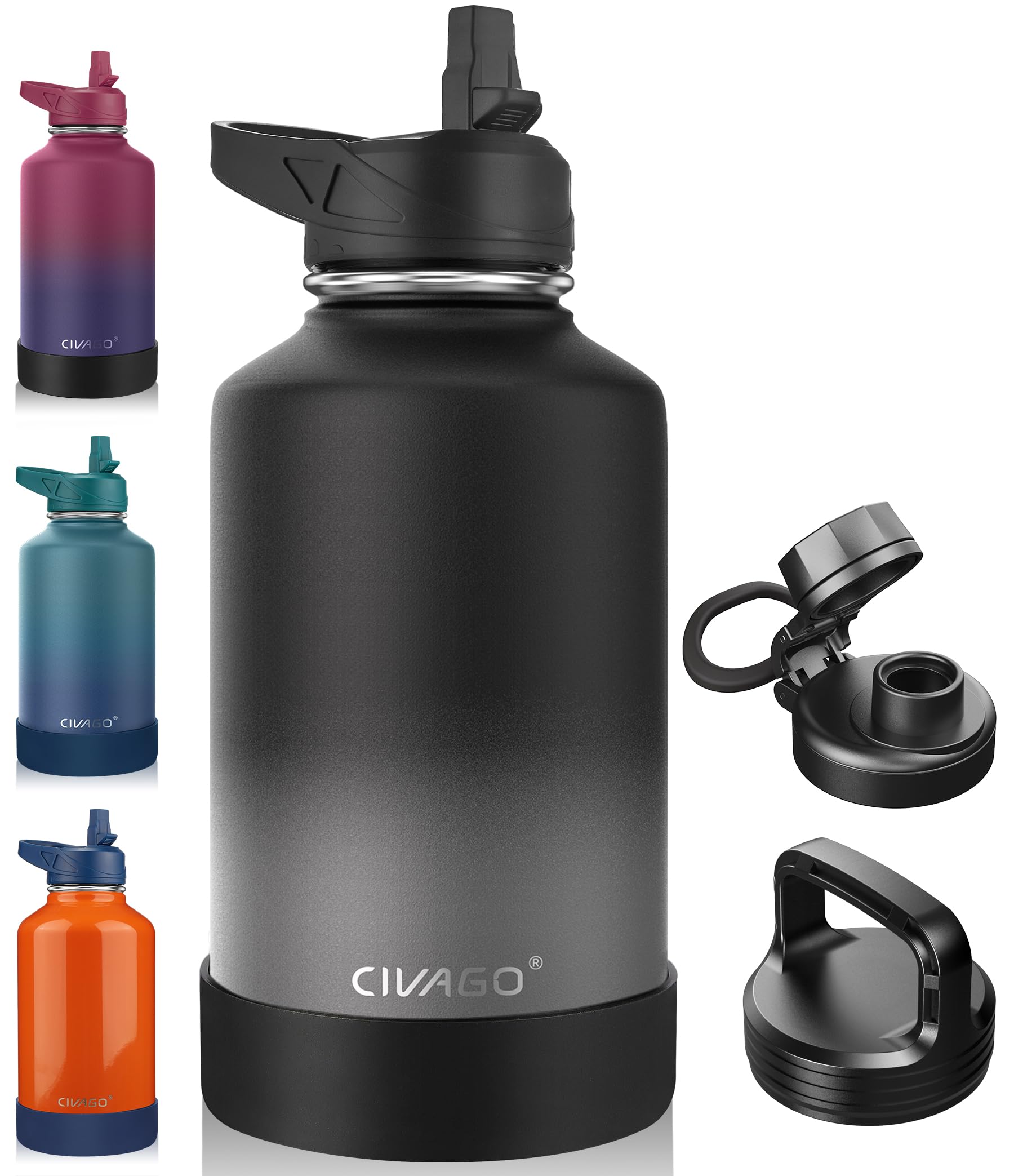 CIVAGO 64 oz Insulated Stainless Steel Water Bottle With Straw and 3 Lids | Half Gallon Large Metal Water Jug Big Leakproof Reusable Wide Mouth Thermal Flask with Silicone Boot, BPA-Free, Omber Gray