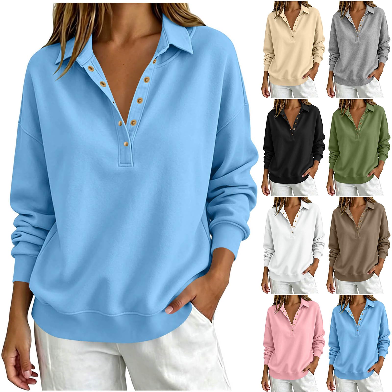 Furundly Sweatshirt for Women Henley Sweatshirt Button V Neck Pullovers