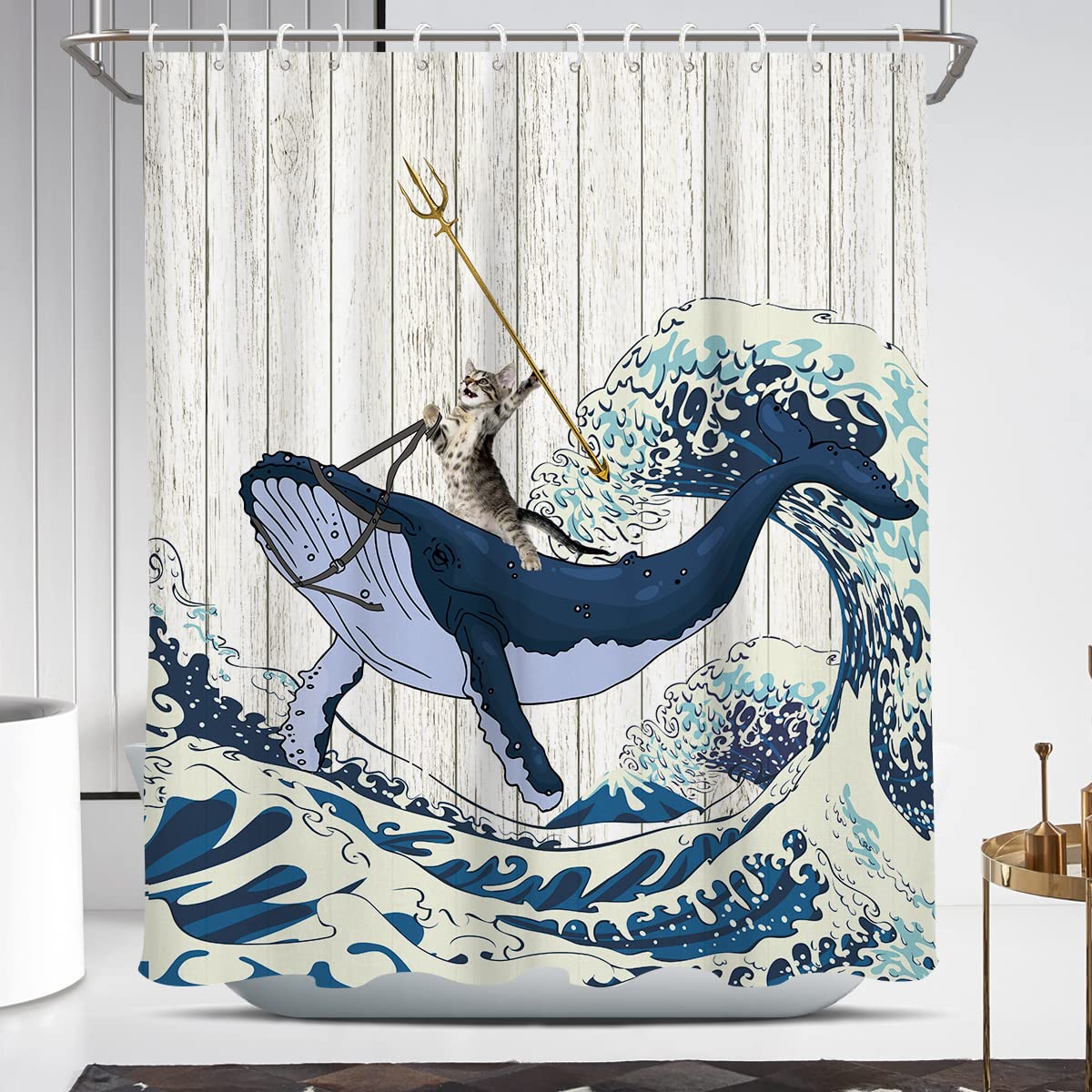 Coxila Funny Cat Shower Curtain Japanese Sea Wave Cute Whale Cool Fun Shark Cartoon Animal Kids Children Fish 60 x 72 Inch Polyester Fabric Waterproof 12 Pack Hooks