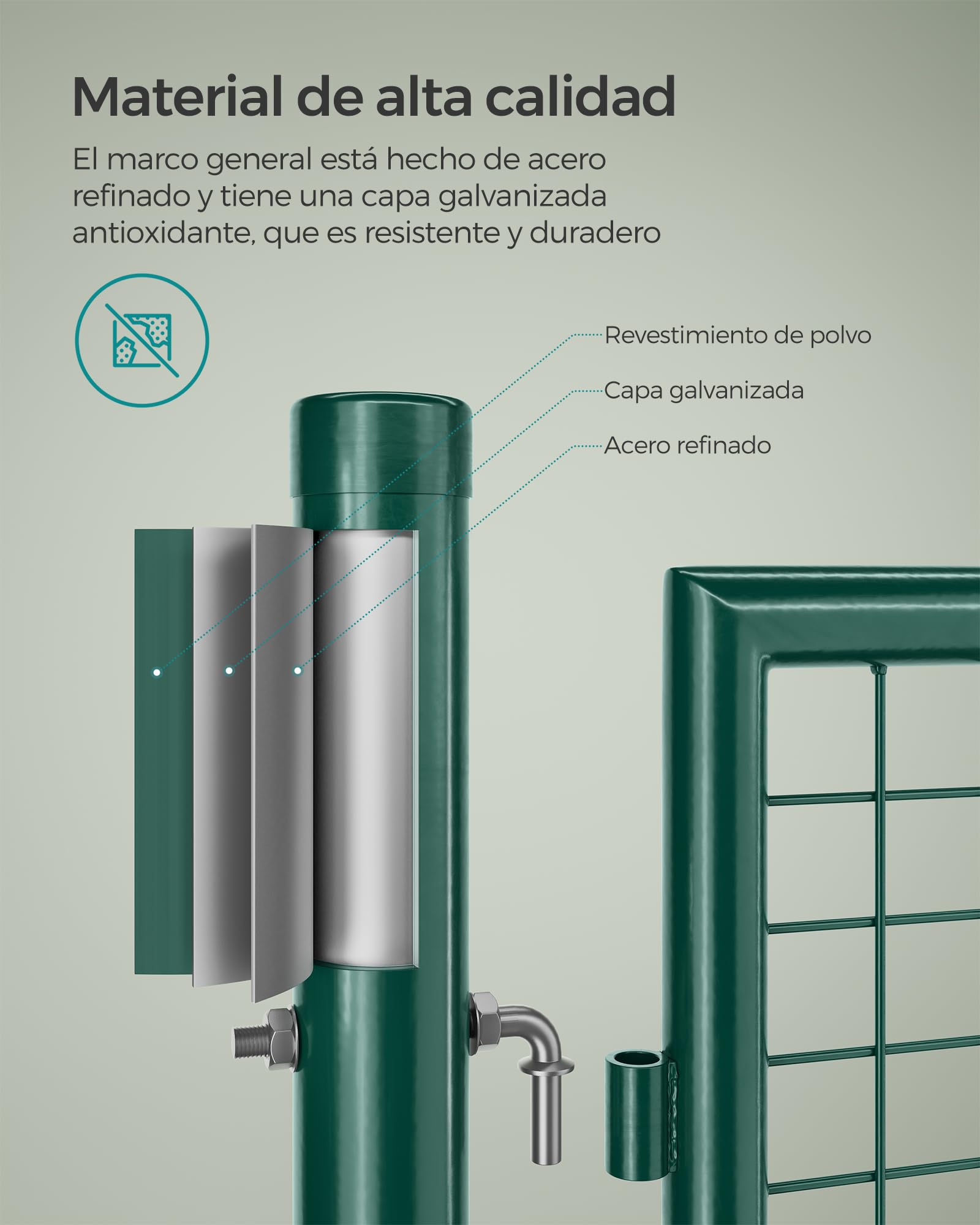 SONGMICS Puerta de Jardín de Acero Galvanizado, Puerta para Valla, con Cerradura, Manija y Llave, 106 x 150 cm (Largo x Alto), Verde GGD200G