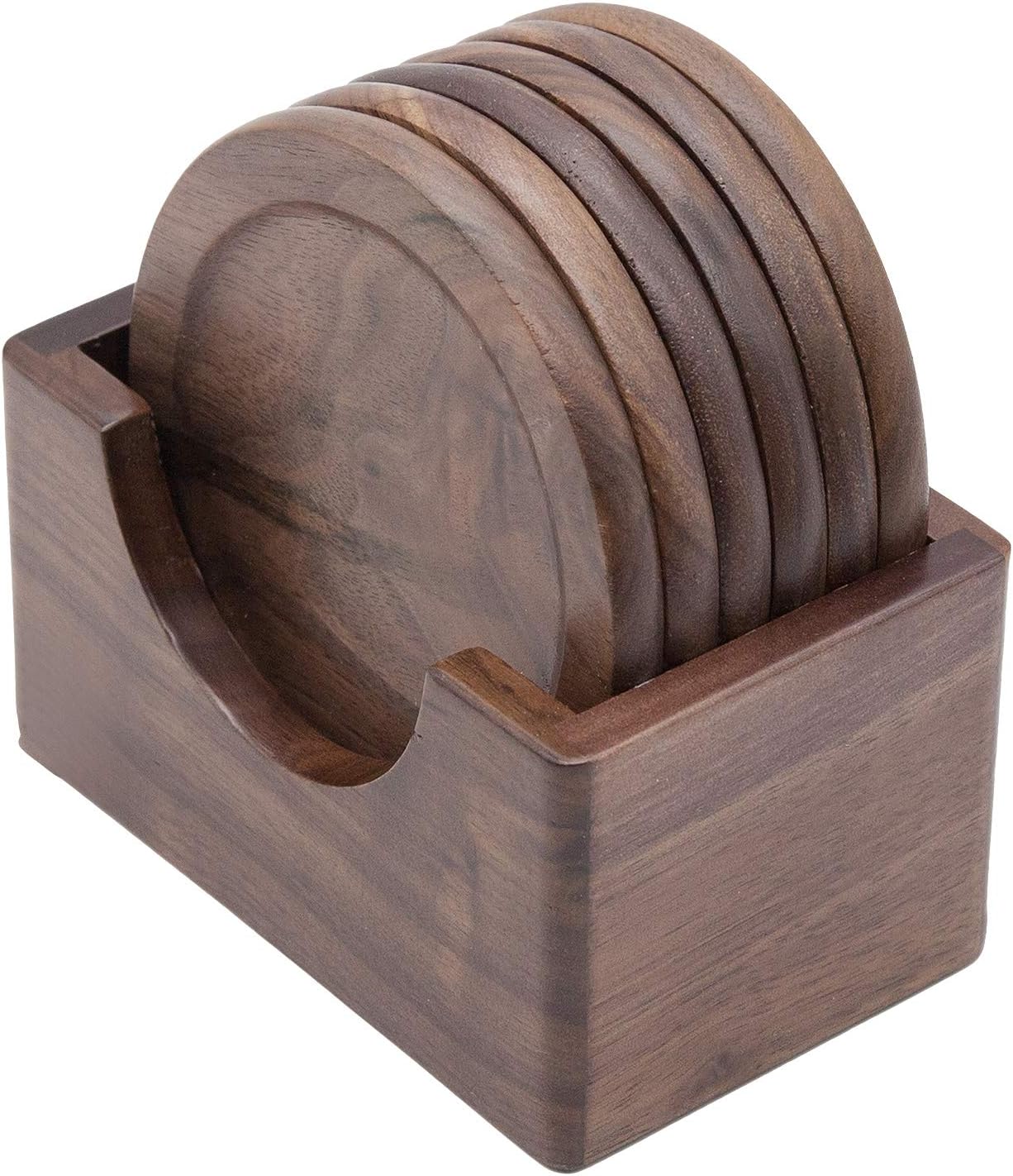 Wood Drink Coasters with Holder, GOH DODD 4 Inch 6 Pieces Wooden Coasters Cup Coaster Set for Bar Kitchen Home Apartment, Walnut Wood