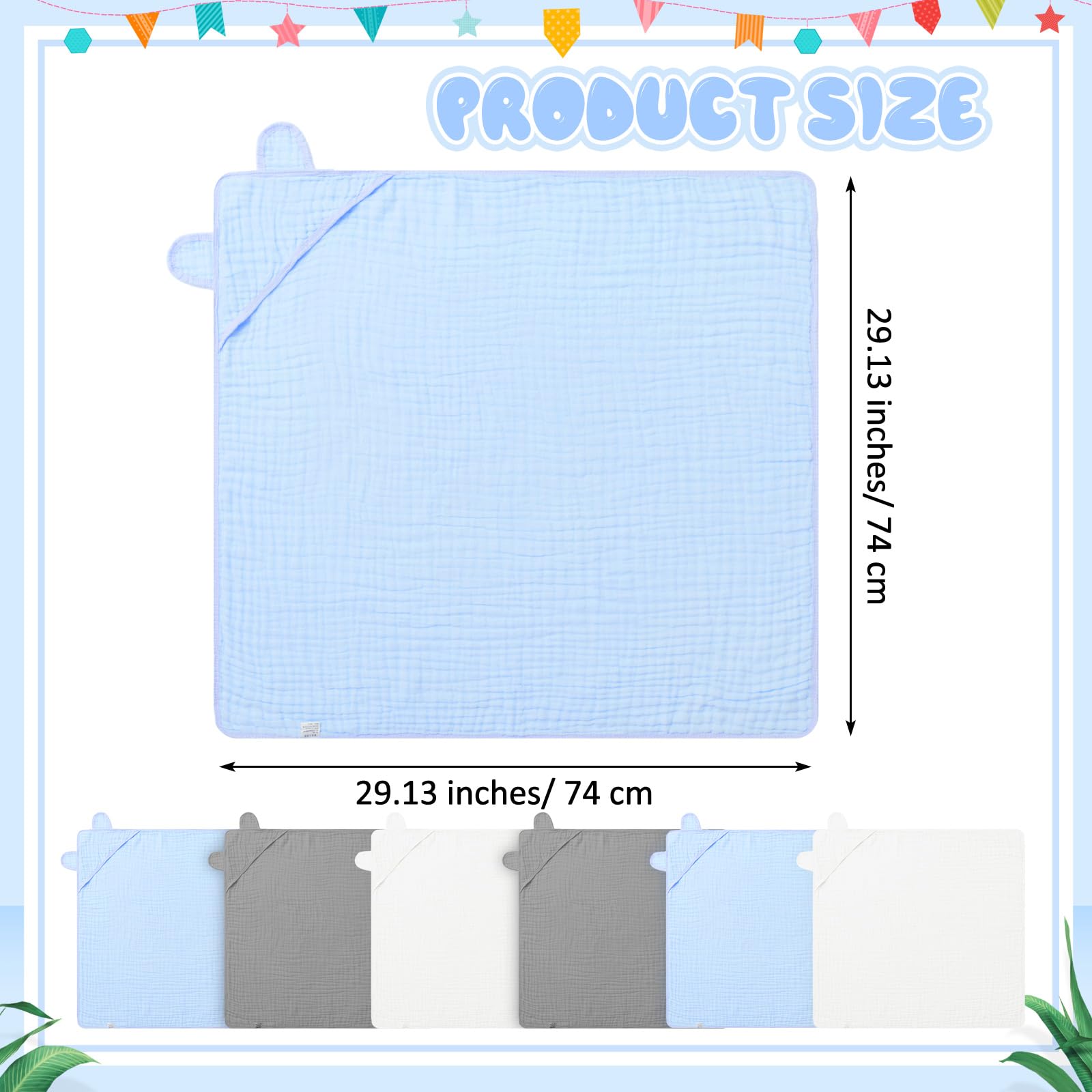 Preboun 6 toallas de muselina con capucha para bebé, de algodón, absorbentes, de 6 capas, lindas toallas de baño para recién nacidos, niñas, niños pequeños, suministros de regalo (gris, azul, blanco)