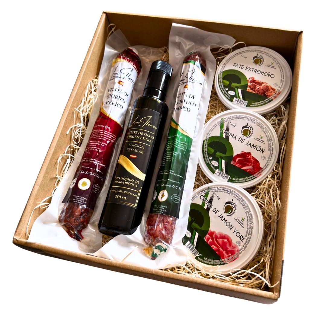 LUX IBÉRICO - Cesta Gourmet Zurbarán - Patés y Embutido Ibérico | Velitas de chorizo y salchichón ibérico, tres patés extremeños y aceite de oliva virgen extra. Lista para regalar.