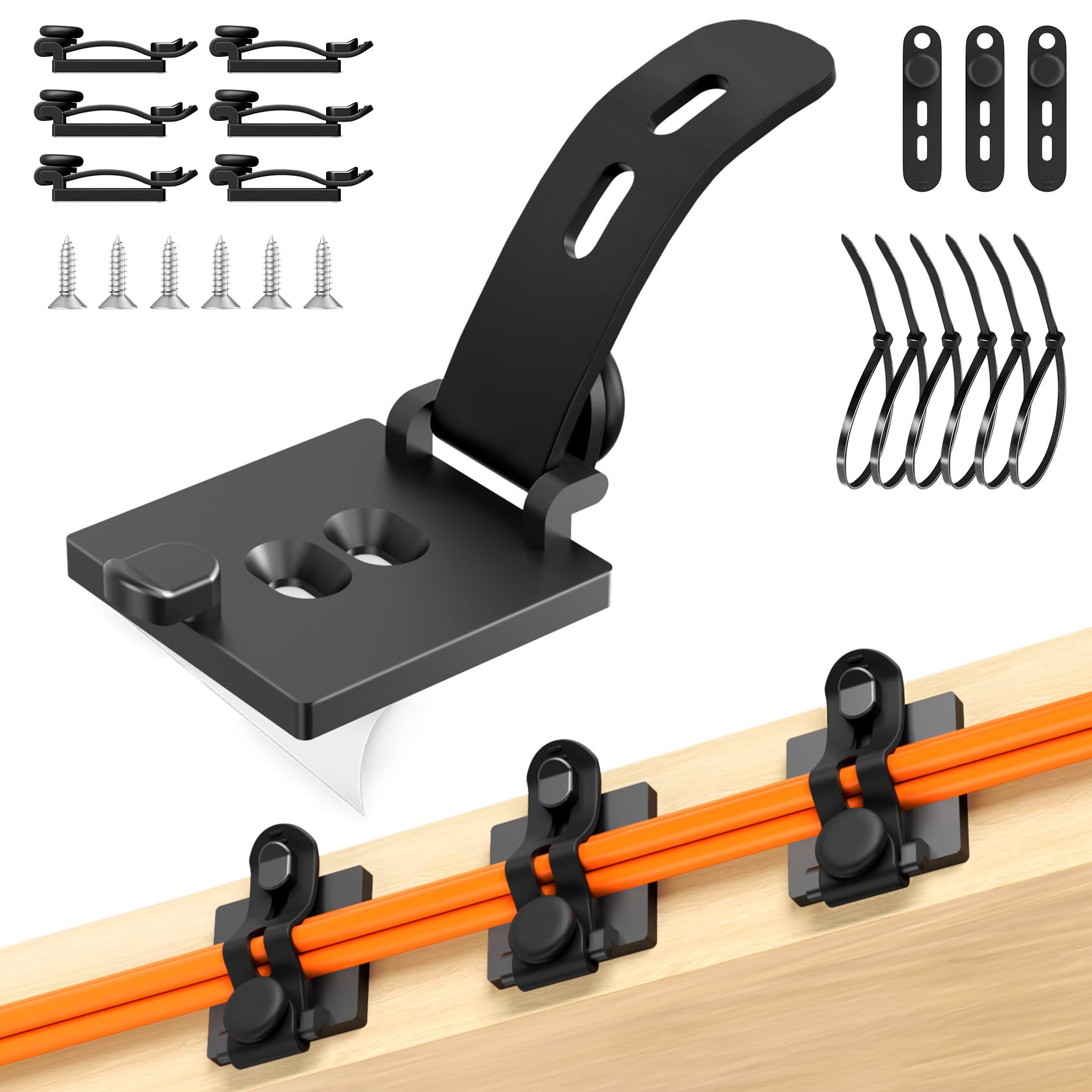 Kanemc Cable Tidy Clips 6 Pack, Elastic Silicone Self-Adhesive Cable Management Wire Organiser, 2 Stage Adjustable Wire Clips Cable Organiser for Office, Home, Under Desk, HDMI, USB, PC, Wall (Black)